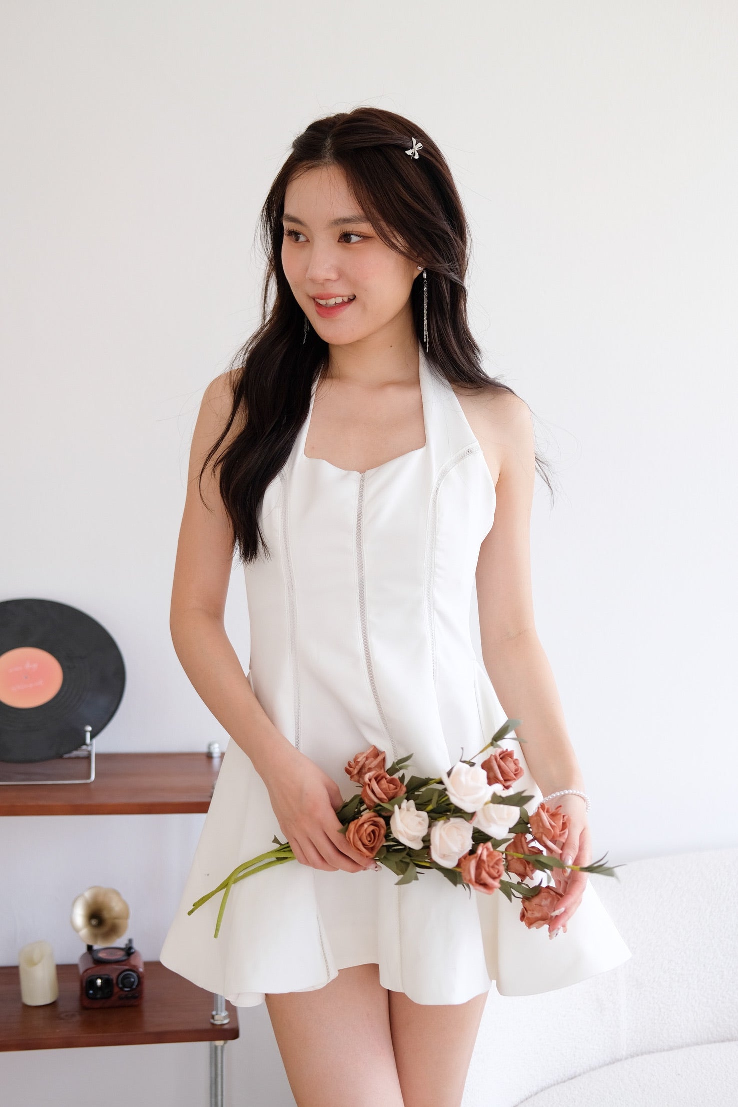 Violette Self Tie Halter Skater Dress (White)