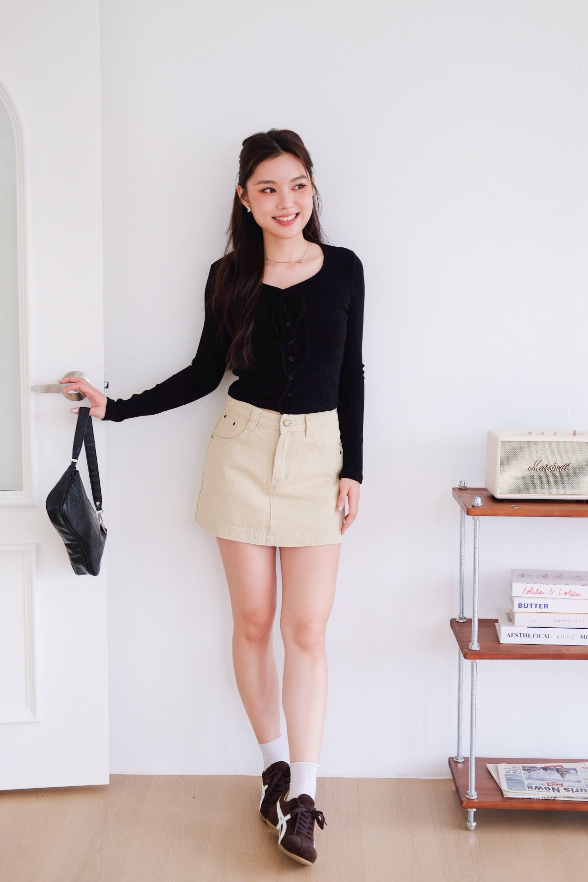 Coco Ribbon Long Sleeve Knit Top (Black)