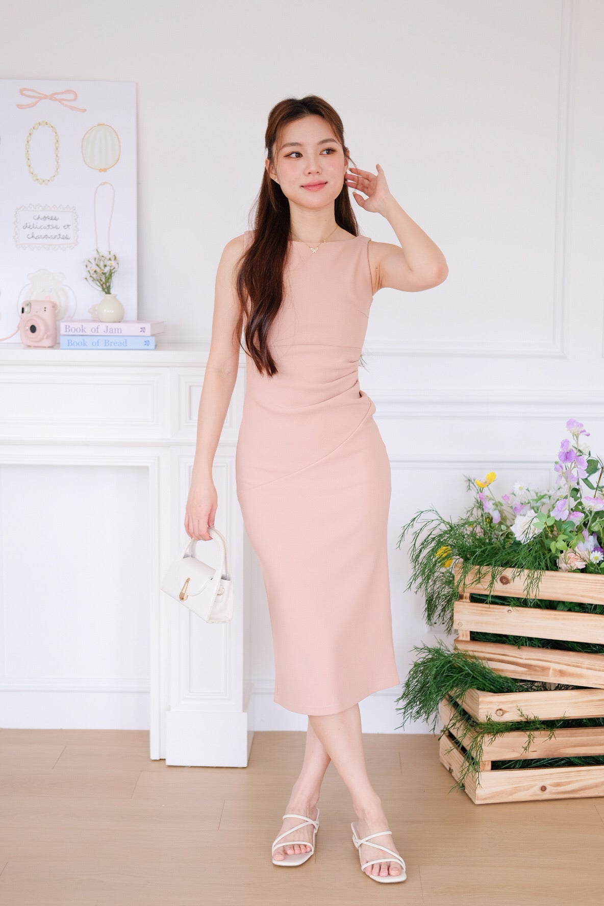 Felicia Boatneck Ruched Maxi Dress (Nude Pink)
