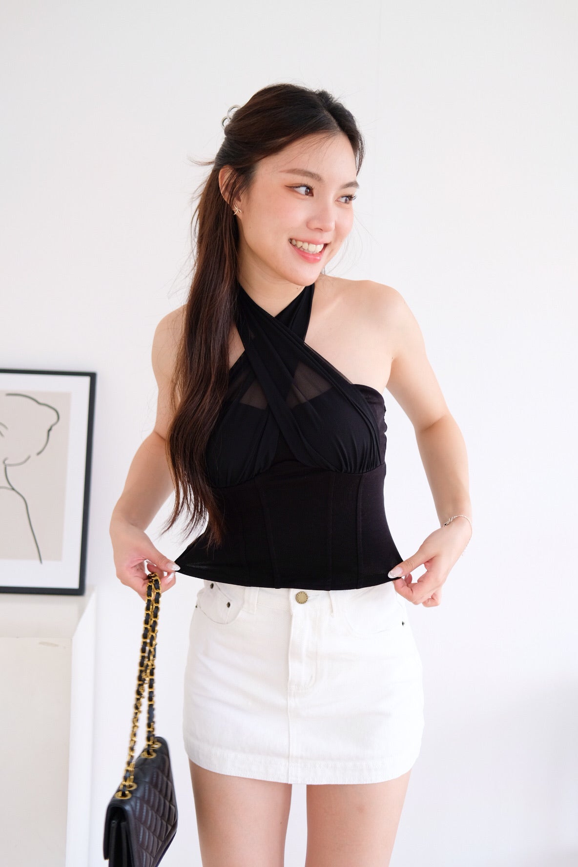 Siren Padded Halter Self Tie Top (Black)