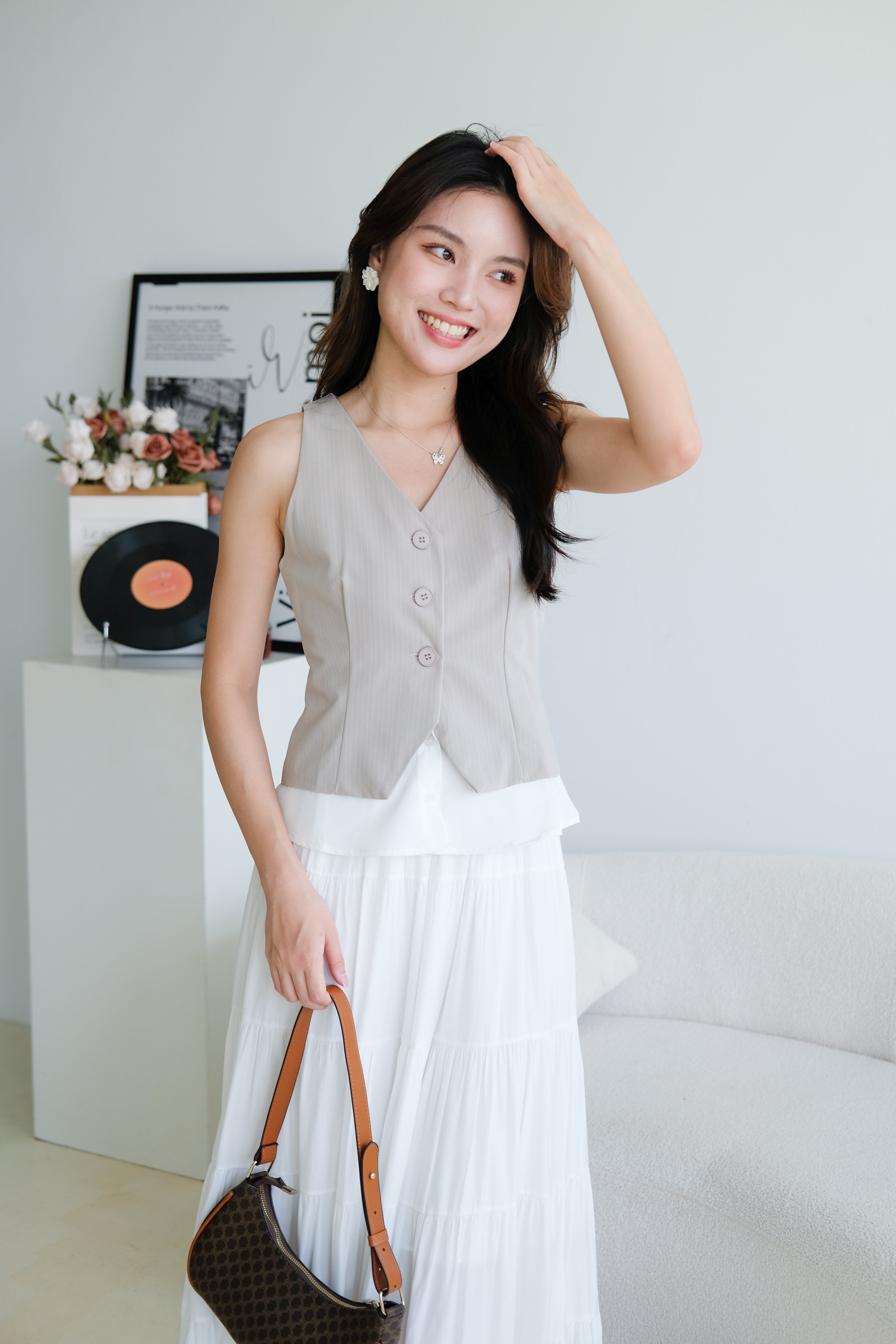 Veen Pinstripe Contrast Vest Top (Light Grey)