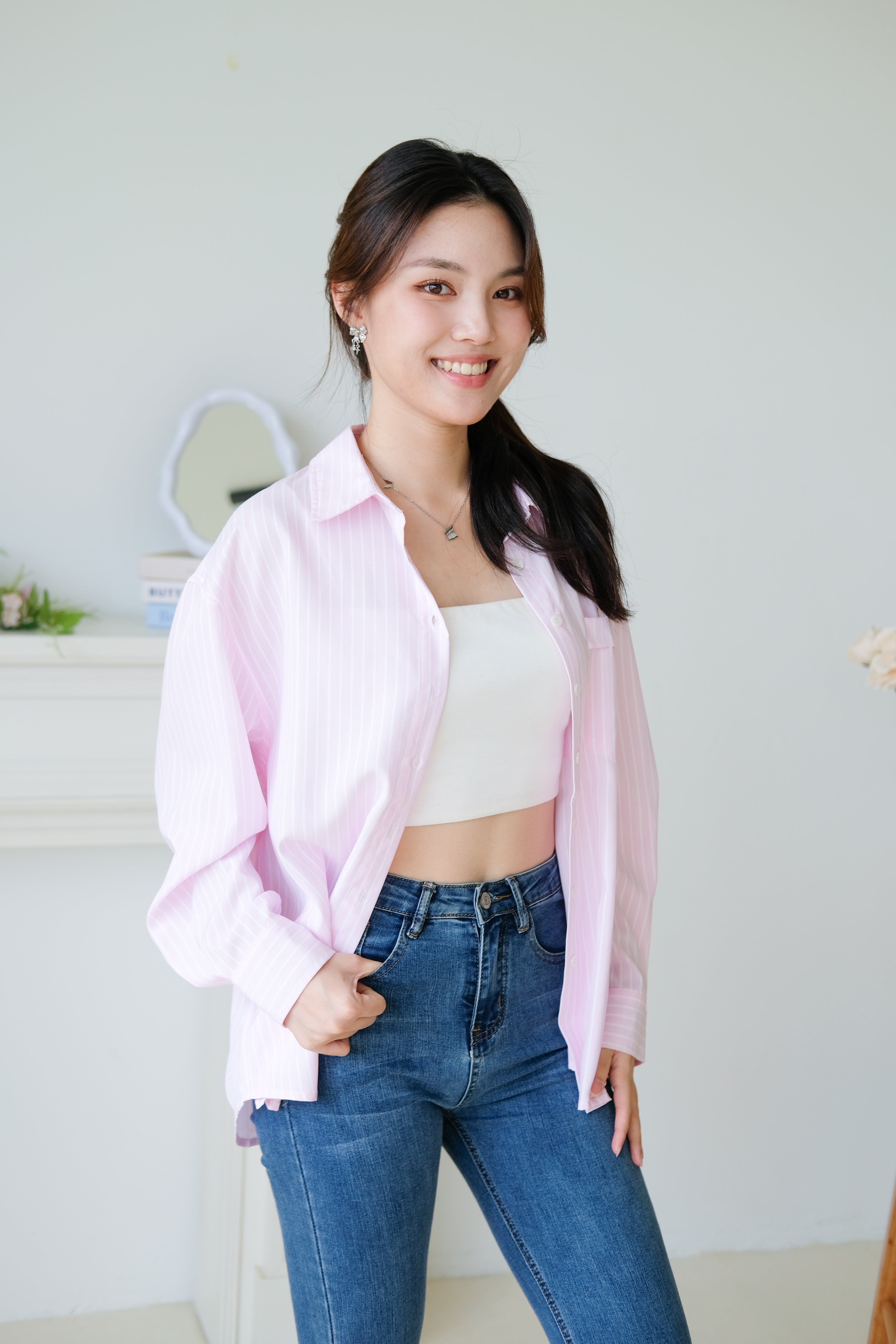 Wayne Stripes Boyfriend Shirts (Candy Pink)