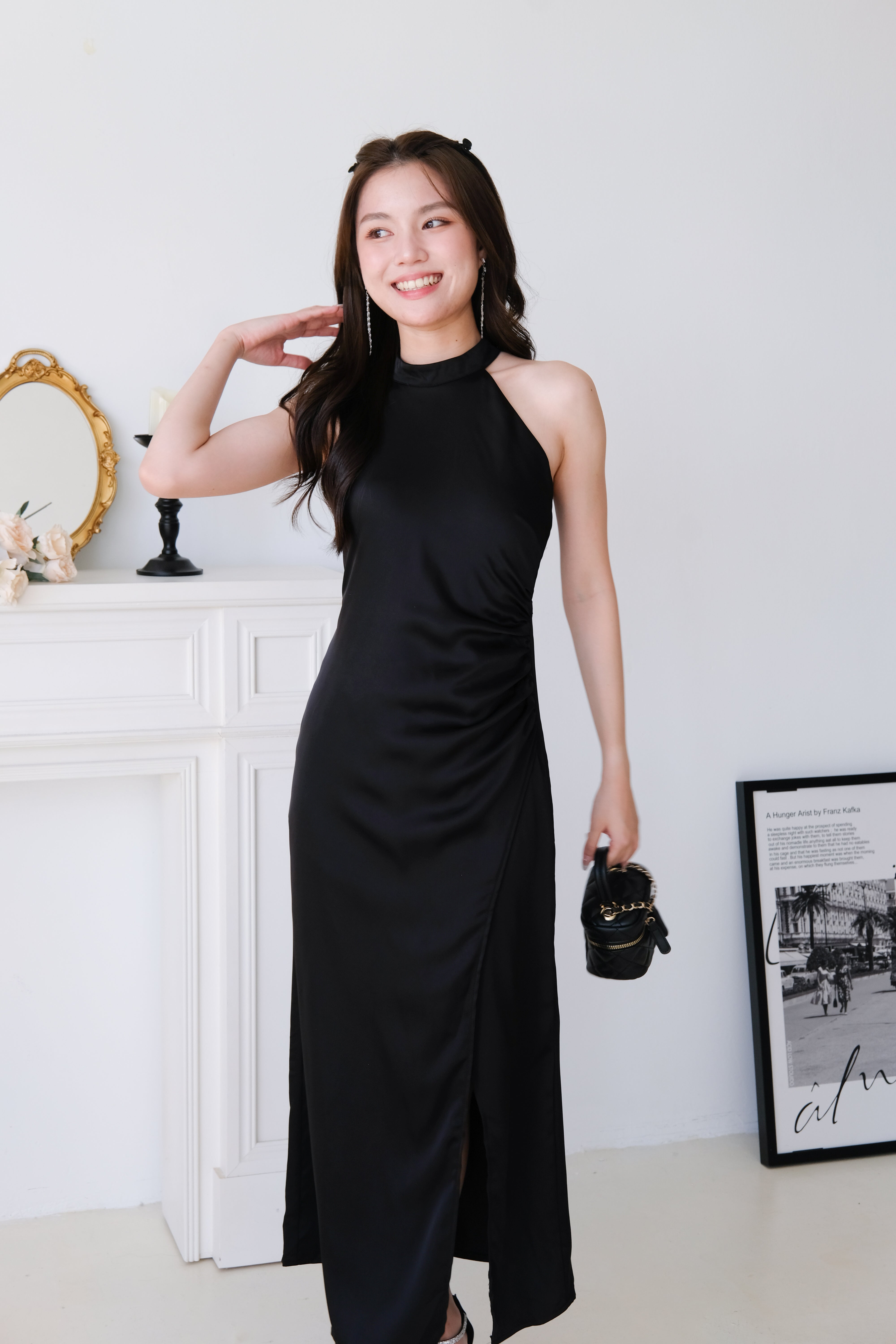 Elyanne Halter Satin Slit Maxi Dress (Black)