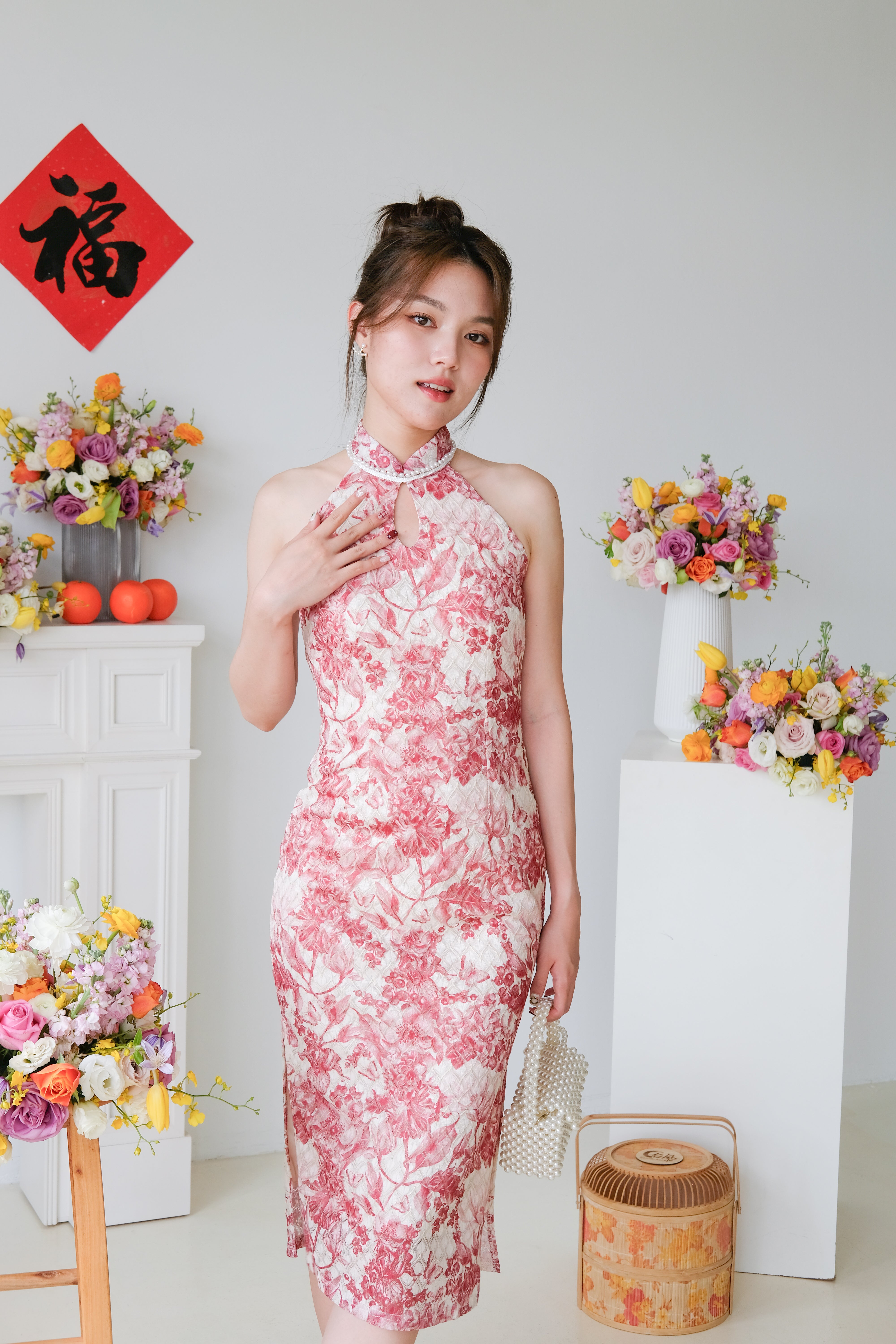 [ETA 23-27 Dec] Fenlan Vintage Mini Pearls Midi Cheongsam (Red)