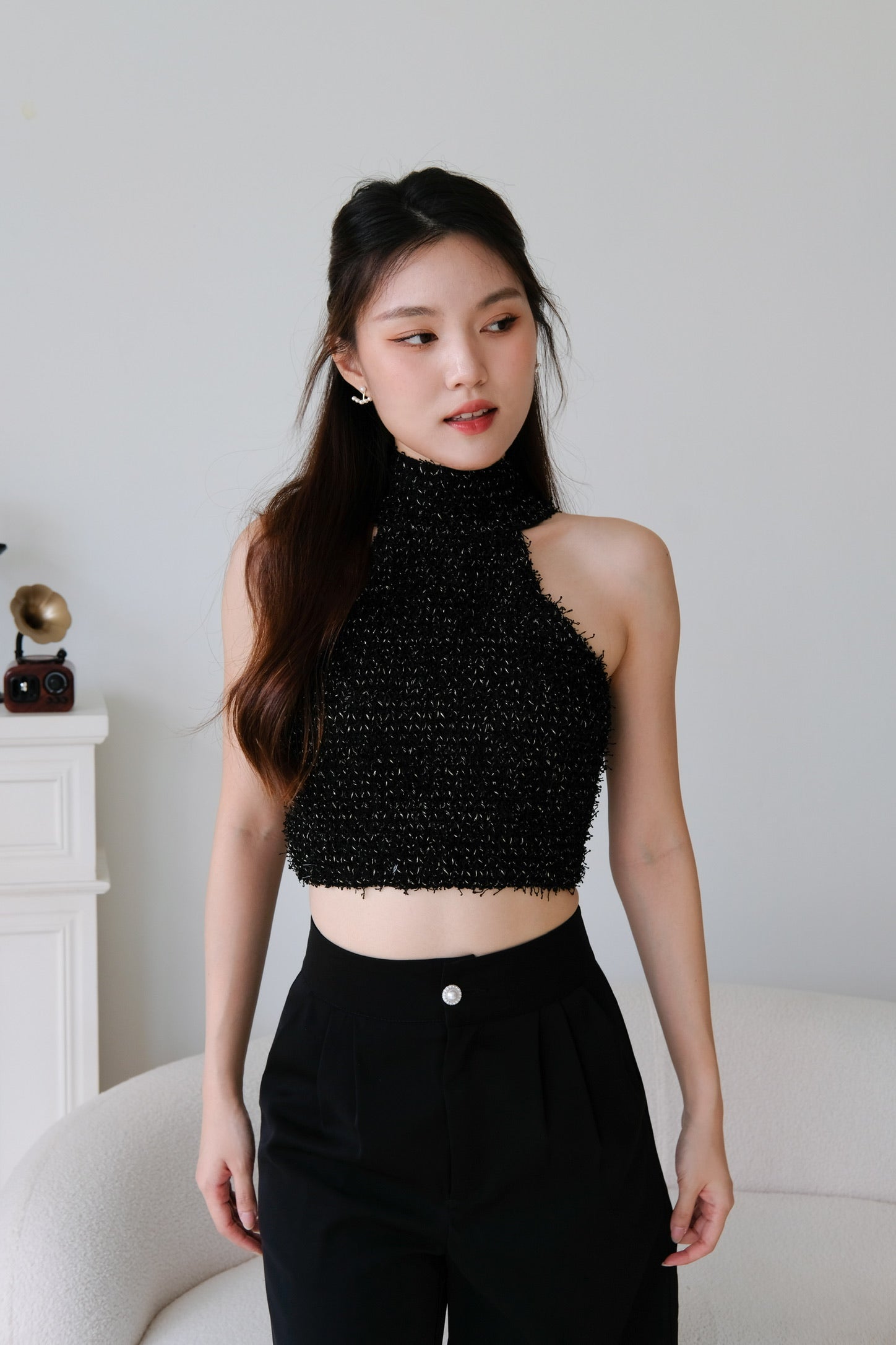 Hana Halter Tweed Crop (Black)