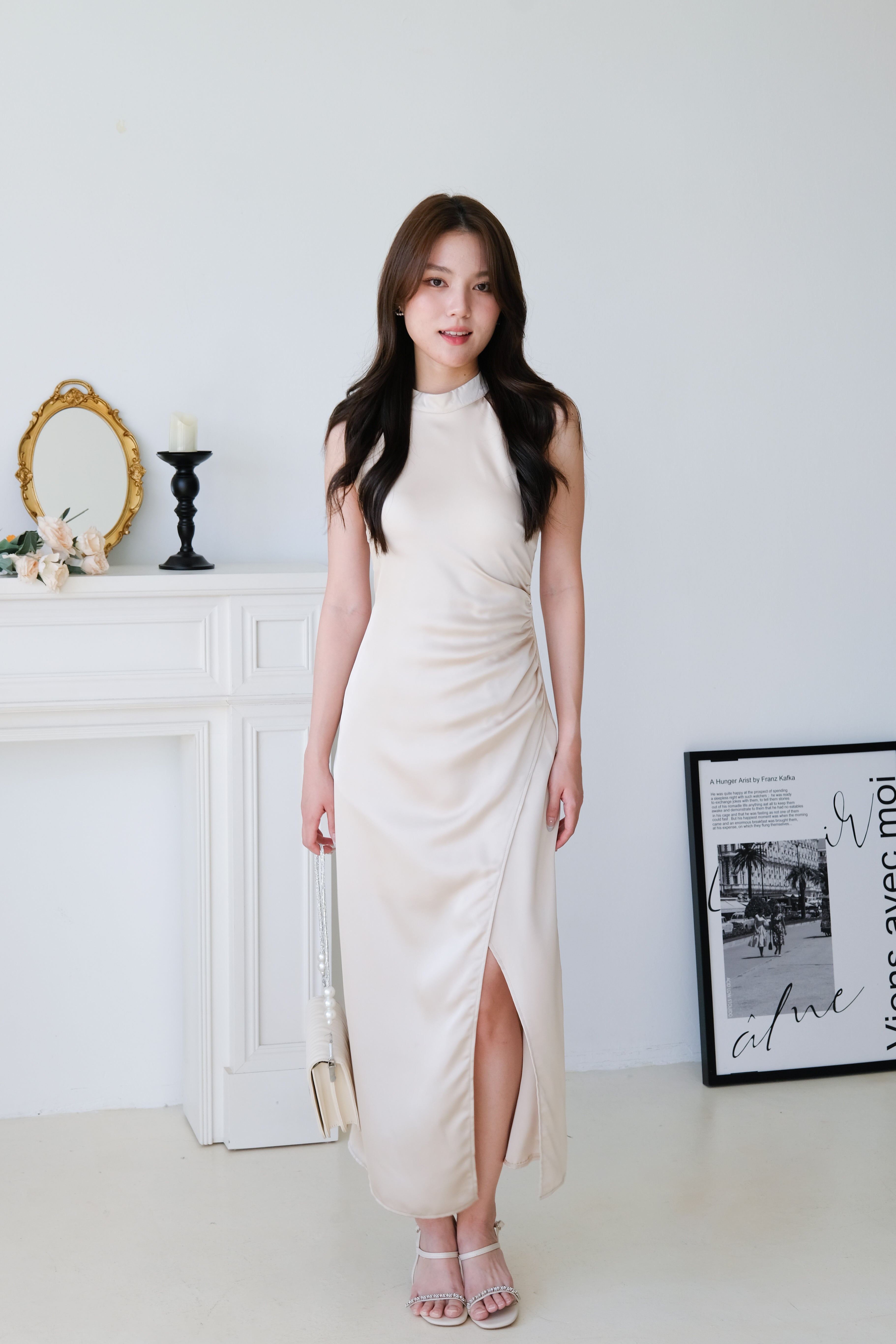 Elyanne Halter Satin Slit Maxi Dress (Champagne)