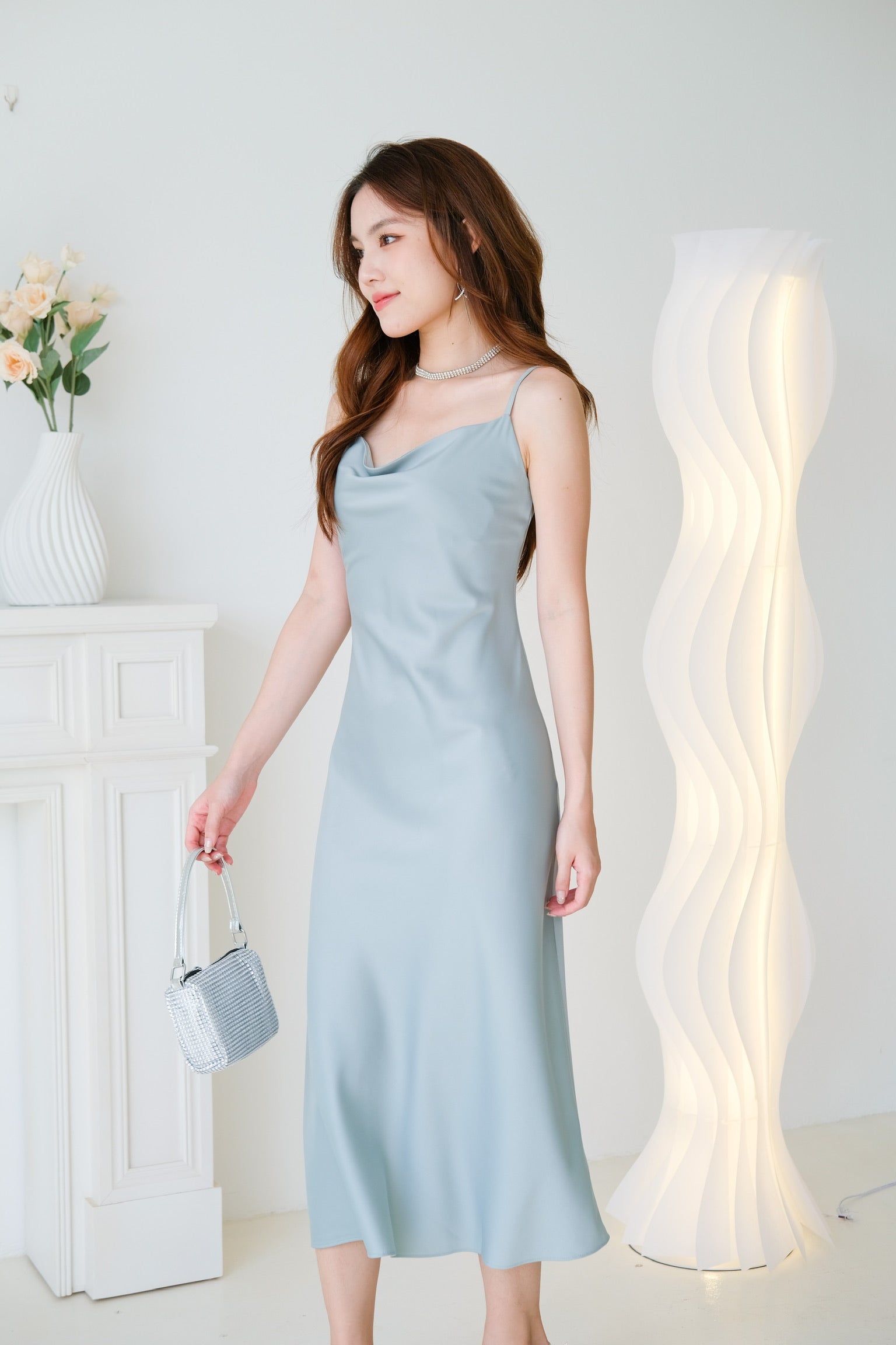 Elara Draped Satin Slip Dress (Sea Salt Green)