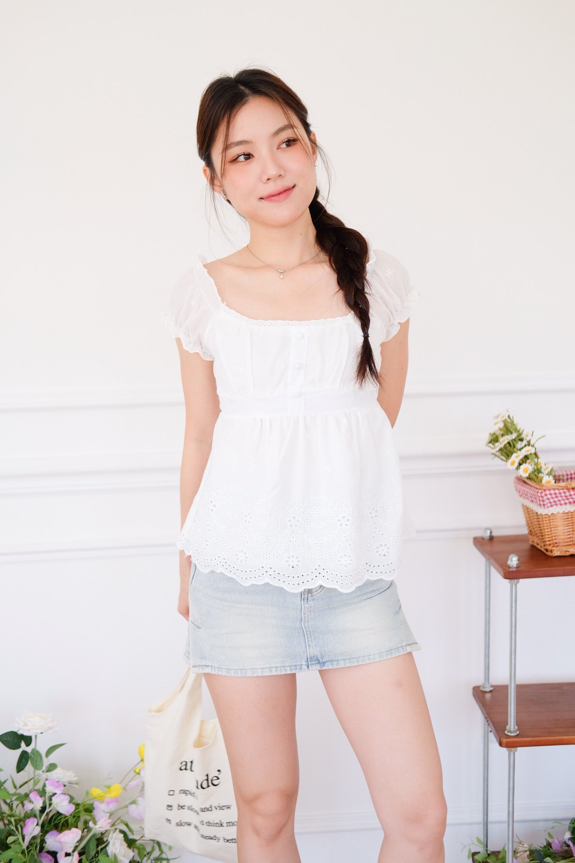 Kylin Eyelet Ruched Peplum Top (White)