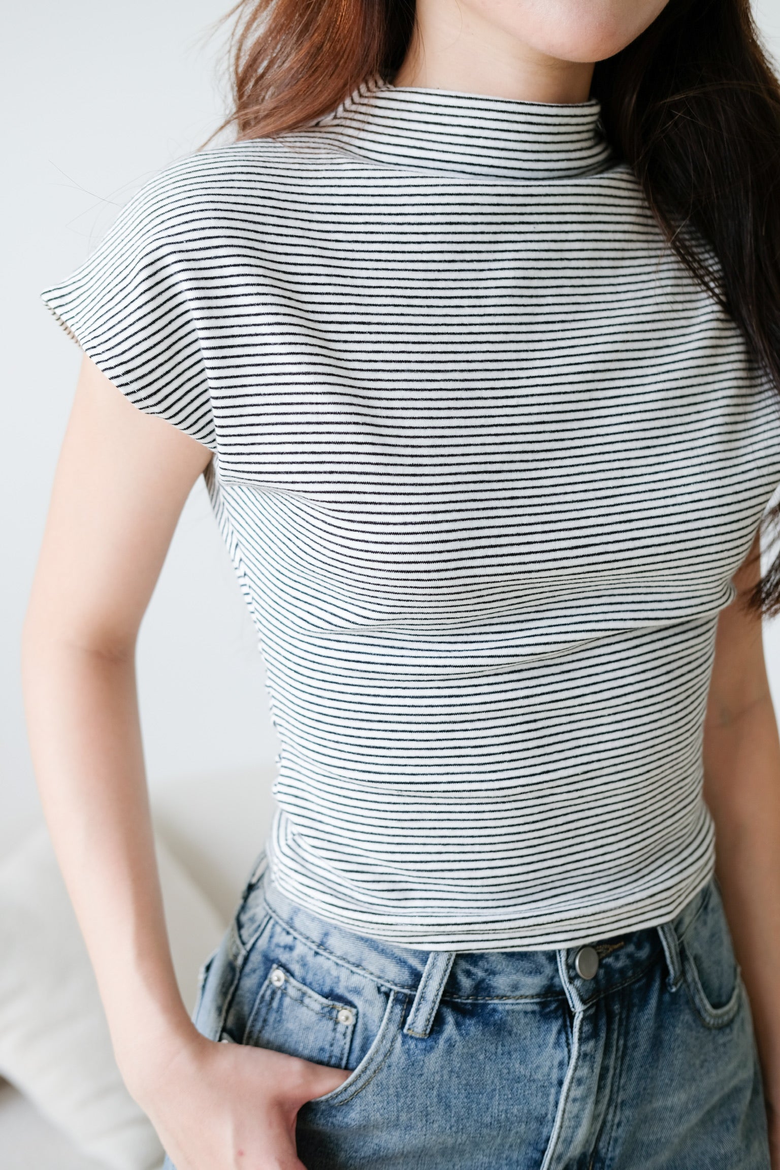 Lucca Batwing High Neck Shirt (White Stripes)