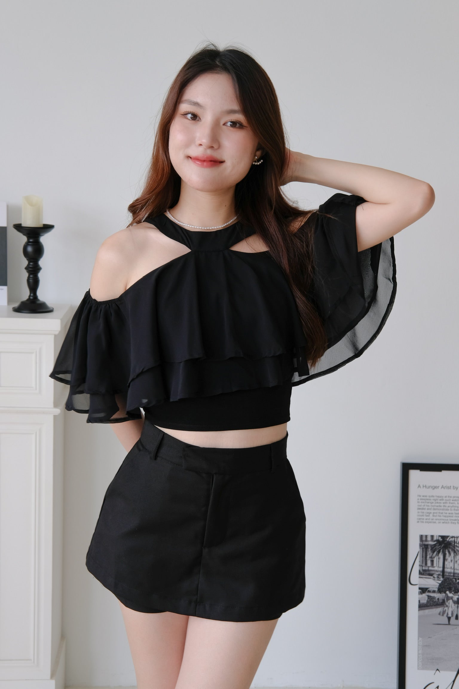 Estelle Halter Ruffle Tiered Crop (Black)