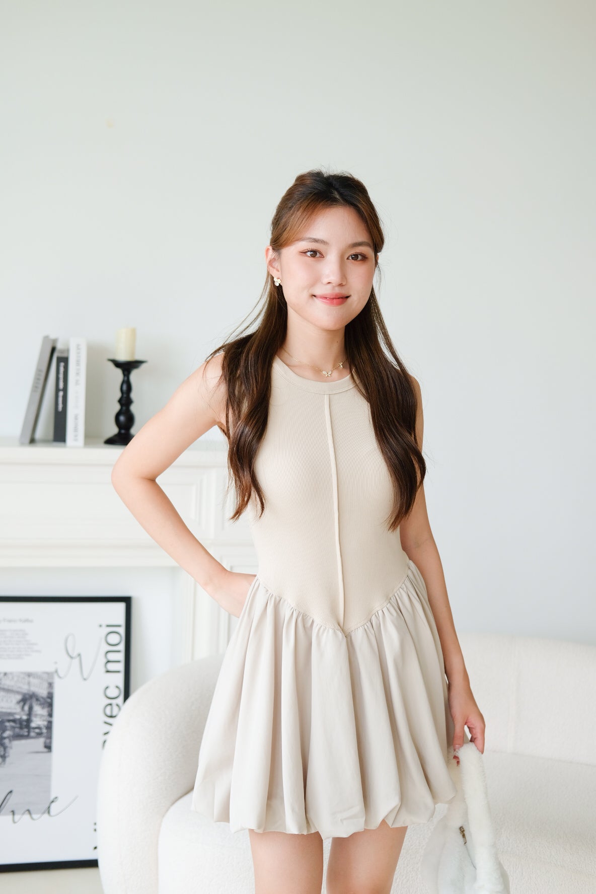 Carmen Ribbed Bubble Dress (Ecru)