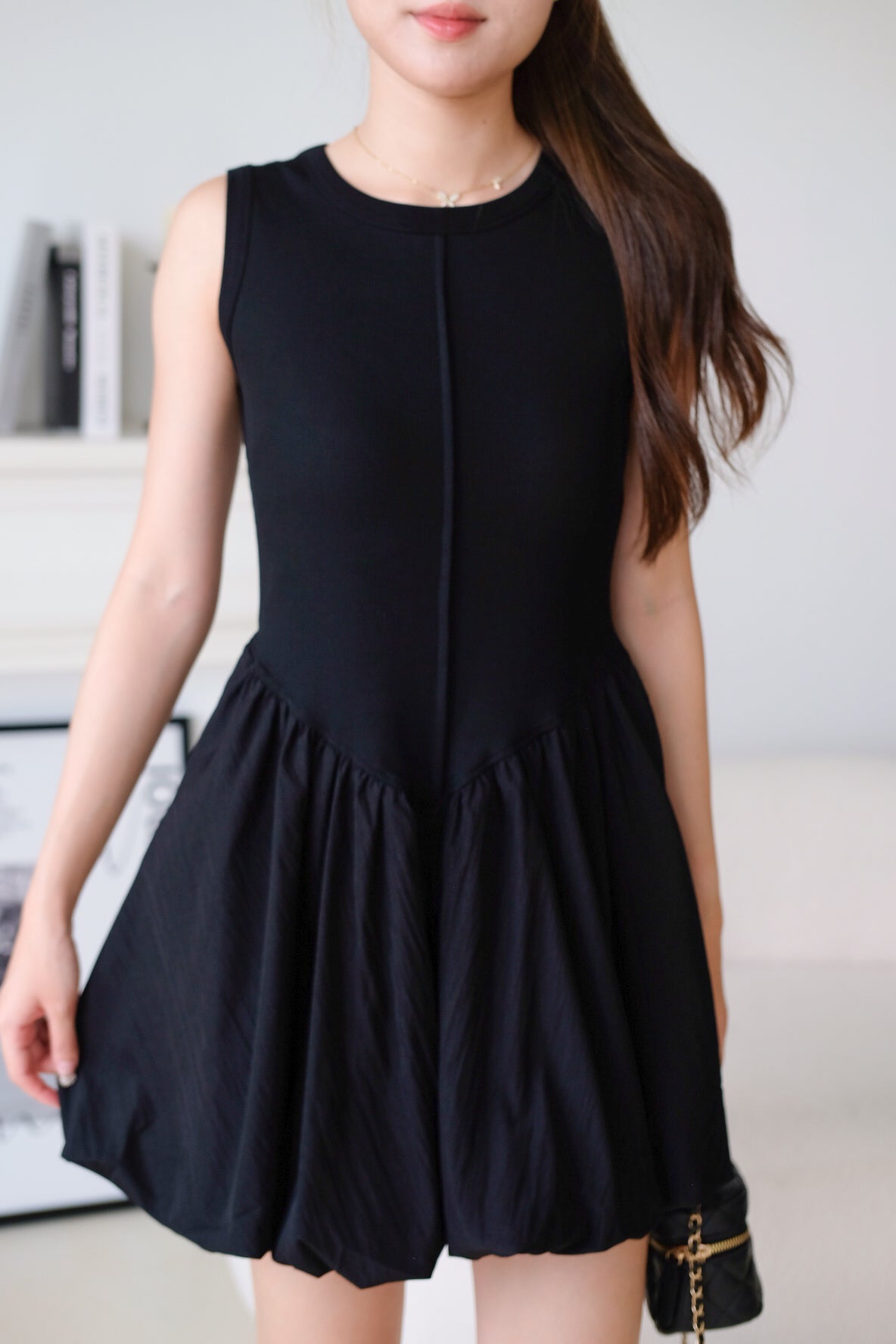 Carmen Ribbed Bubble Dress (Black)