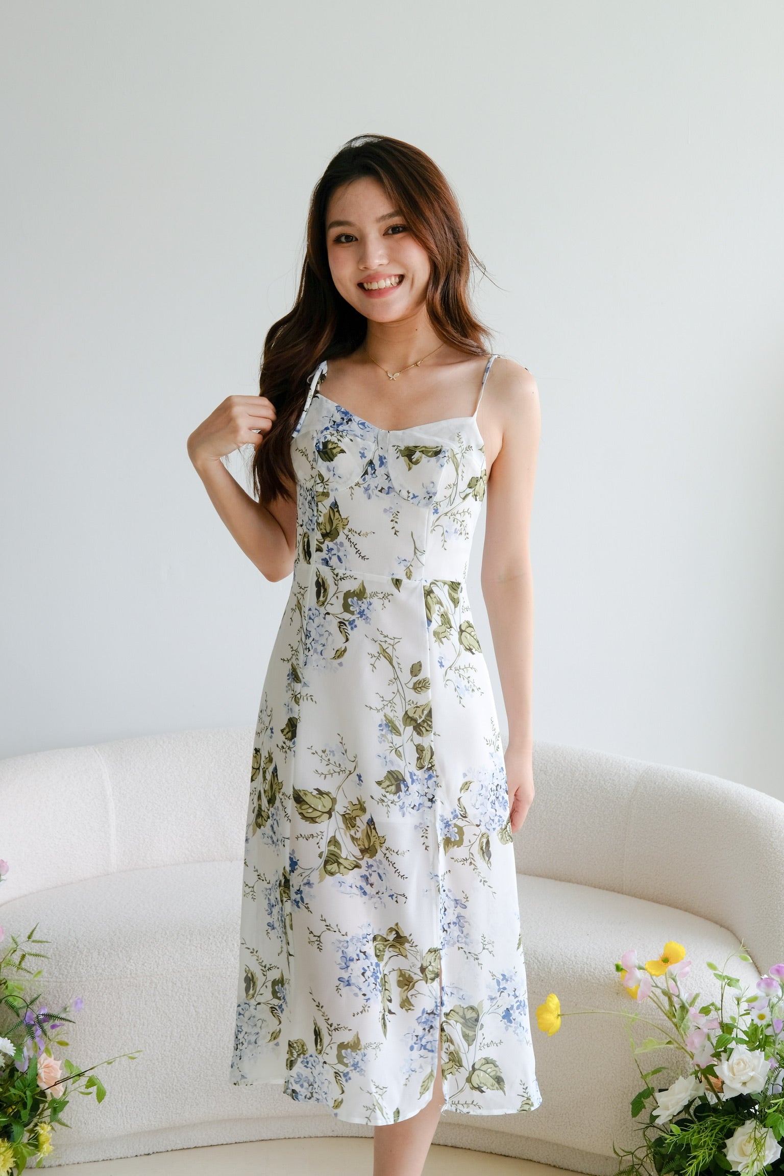 Esther Self Tie Floral Midi Dress (White Floral)