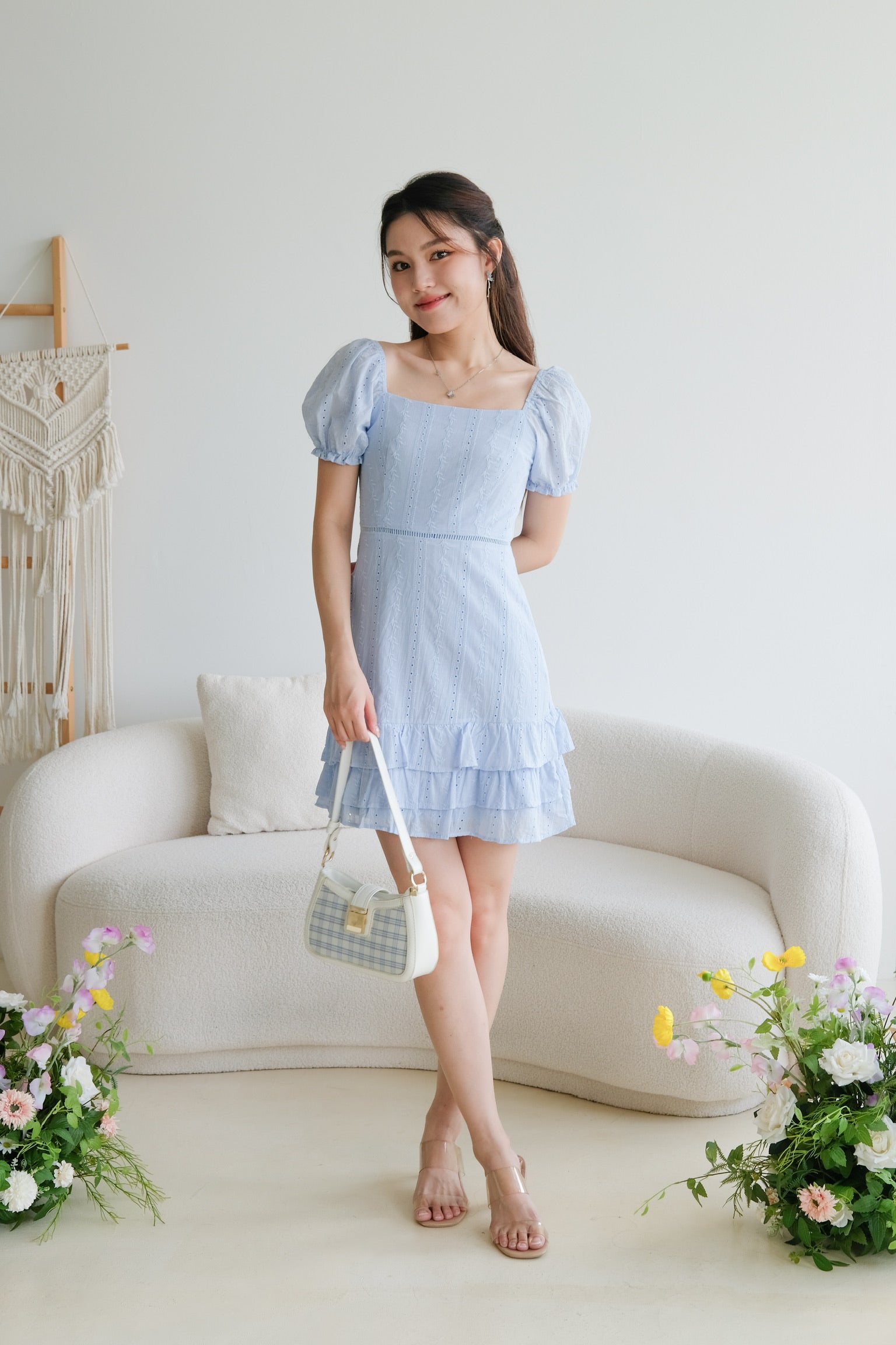 Evelyn Eyelet Ruffle Dress (Sea Blue)