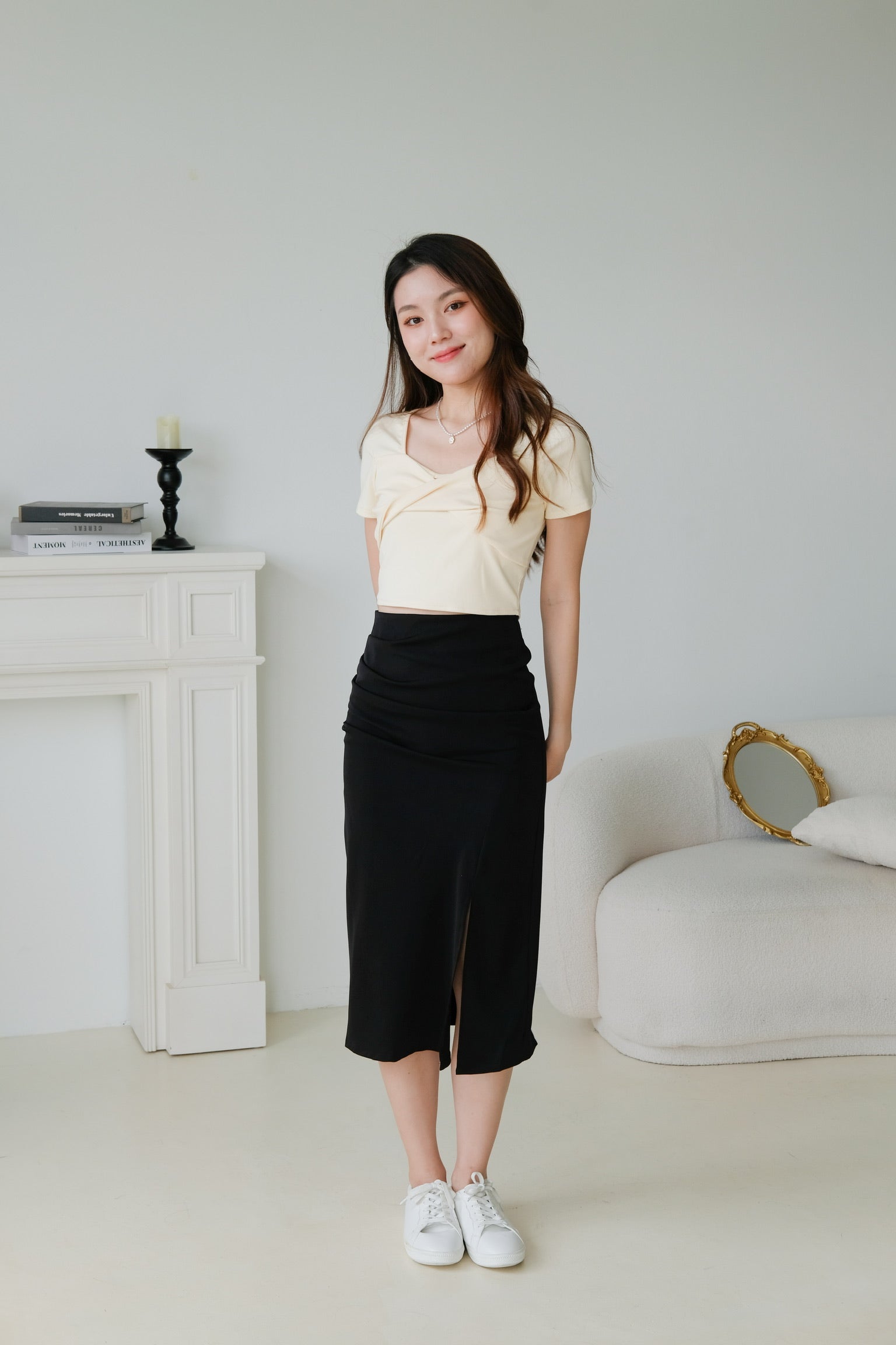 Adaline Ruched Side Slit Midi Skirt (Black)