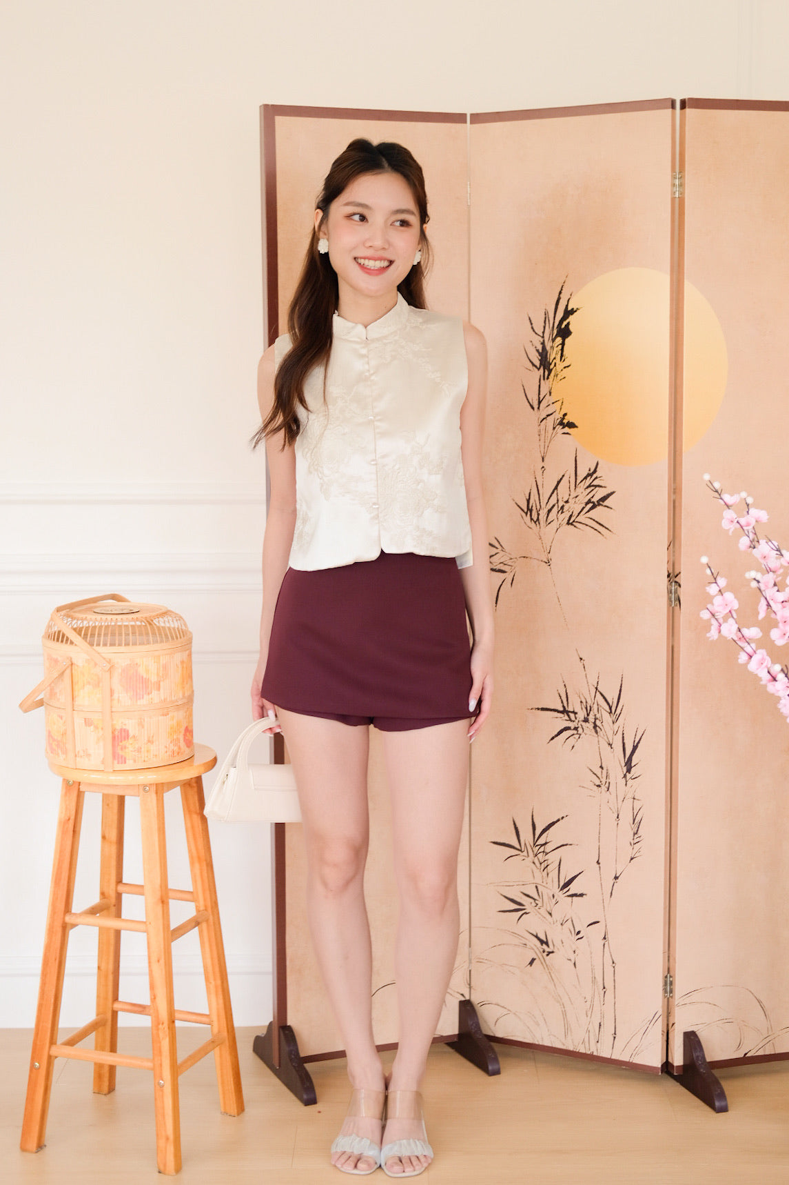 宋 Song Satin Cheongsam Vest Top (Light Beige)