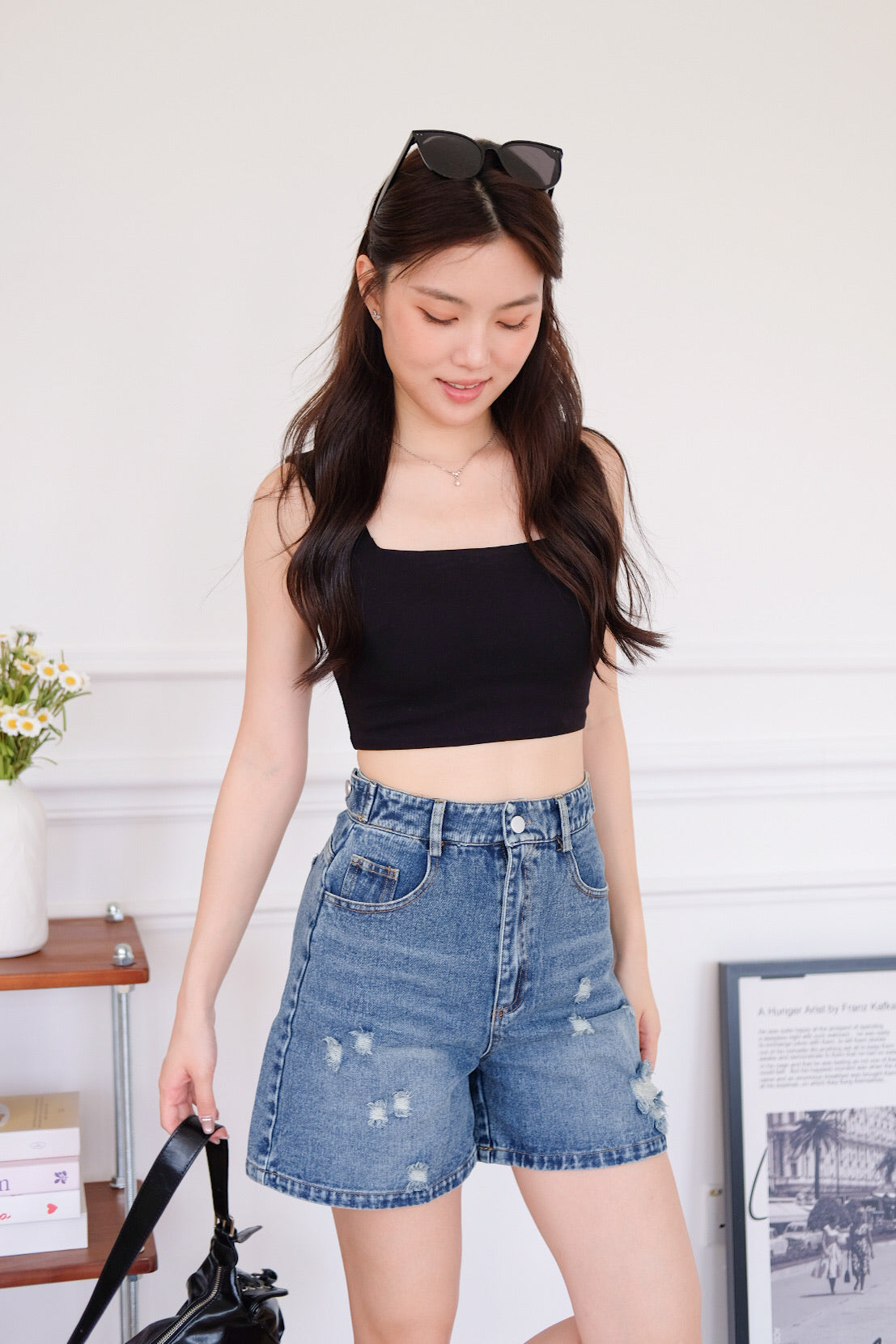 Easy Going Ripped Denim Mom Shorts (Dark Blue)