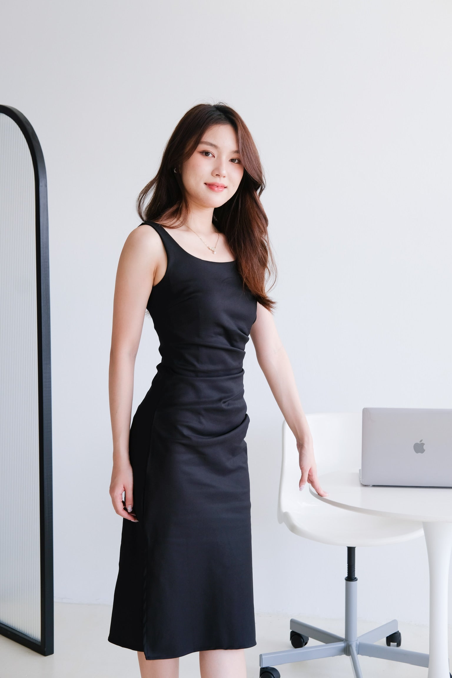 Clarins Side Ruched Midi Dress (Black)