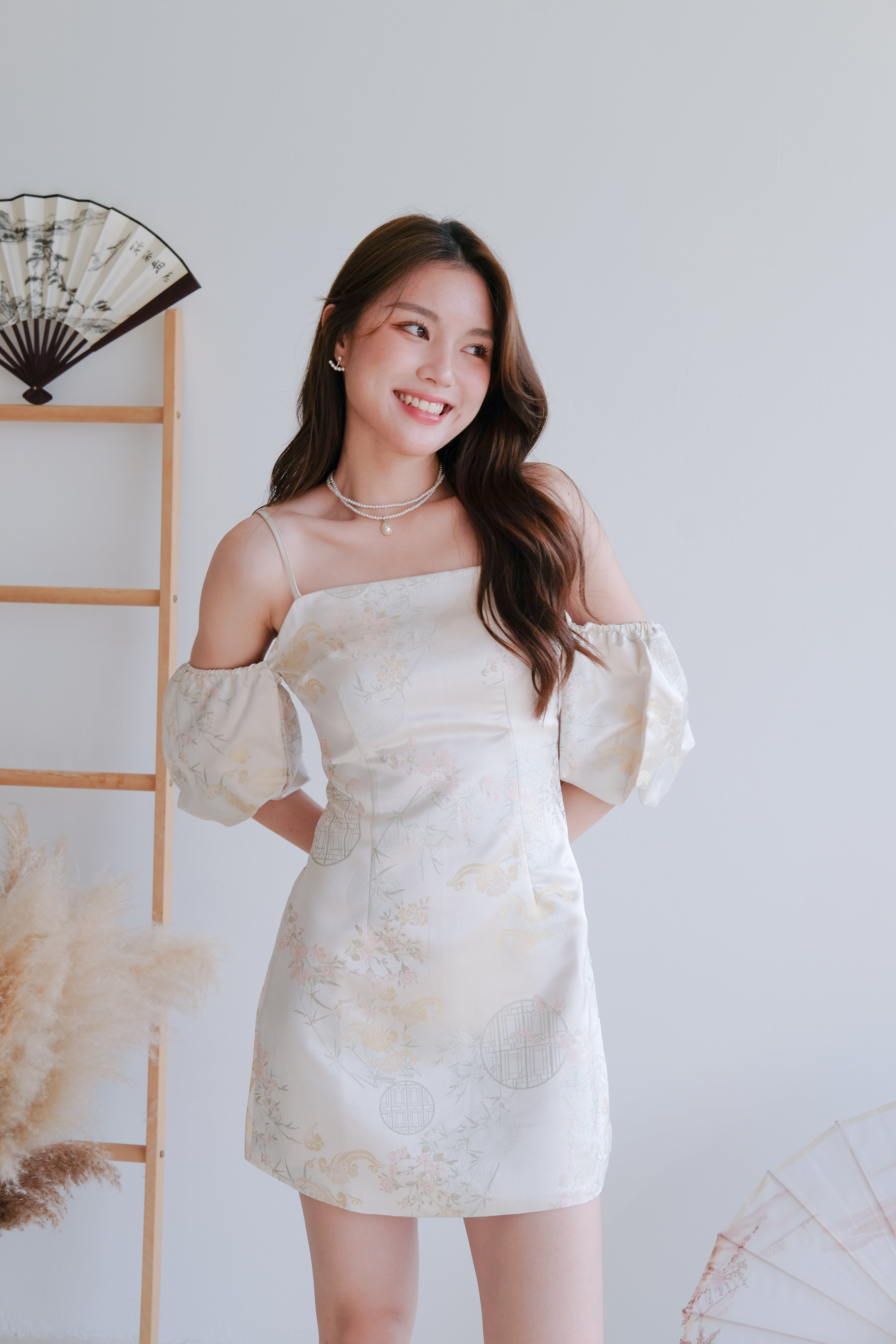 Ya Yun Tropical Cold Shoulder Dress (Champagne)