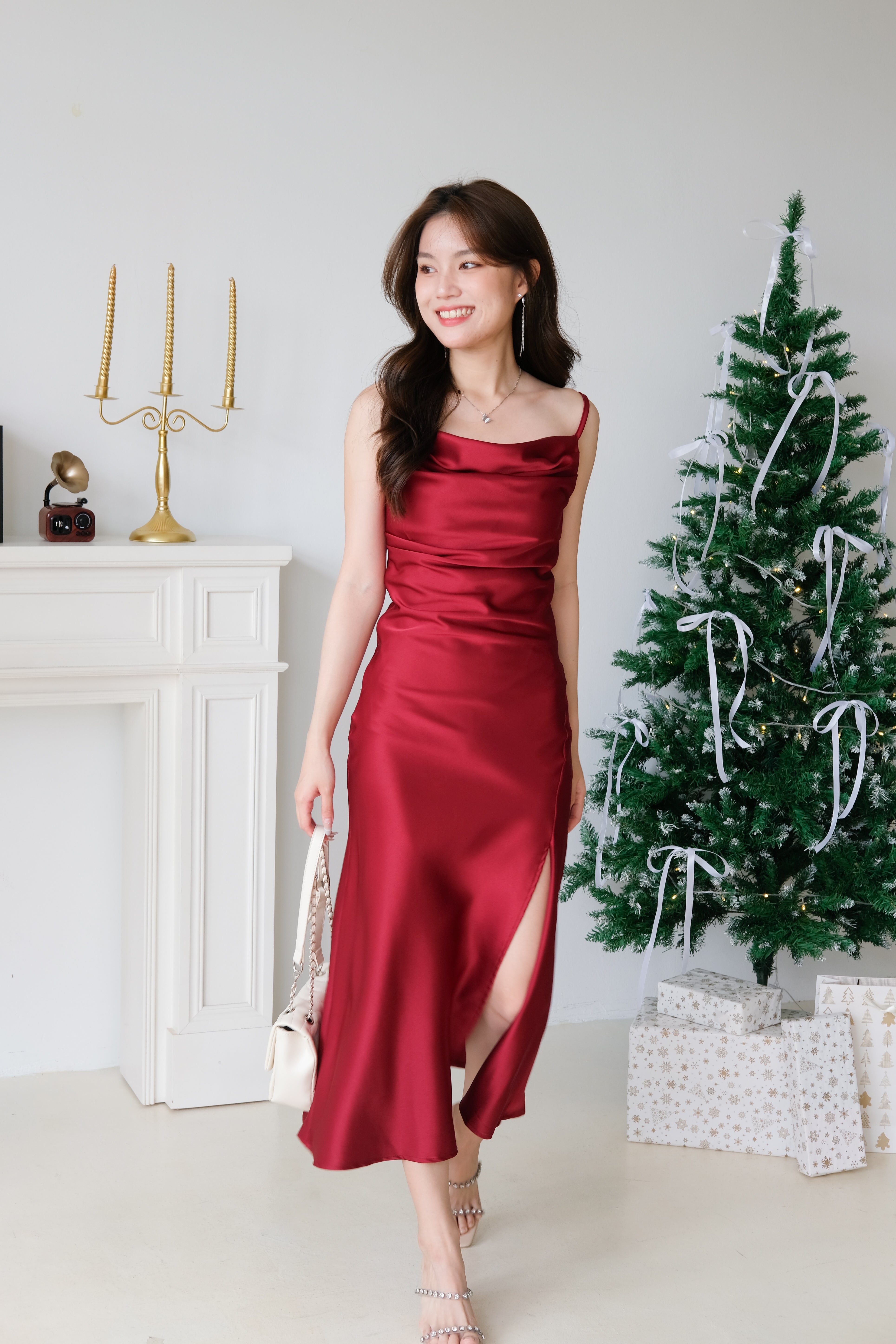 [ETA 9-13 Dec] Angel Draped Mermaid Satin Midi Dress (Wine)