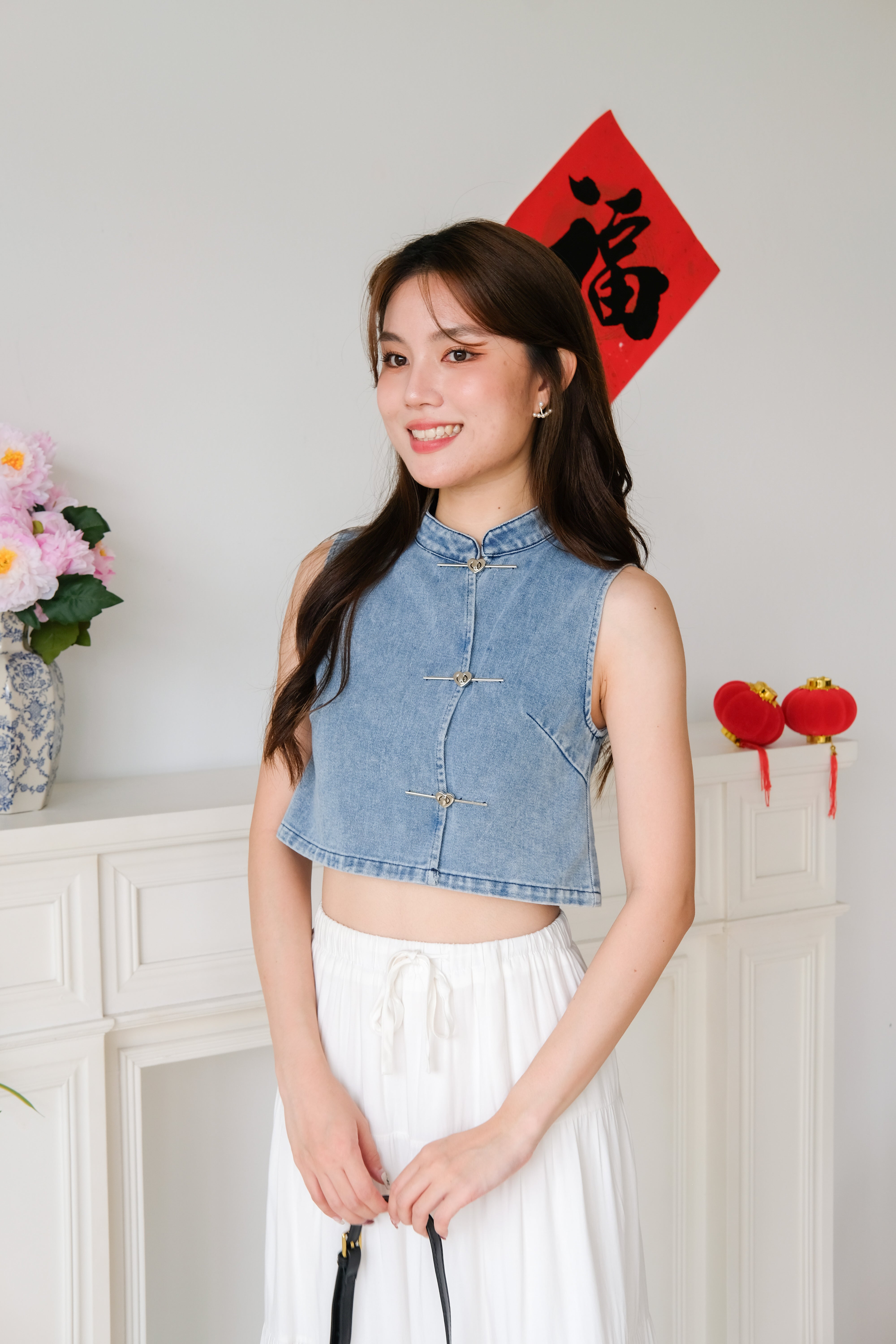 Andrea Denim Cheongsam Crop (Medium Blue)