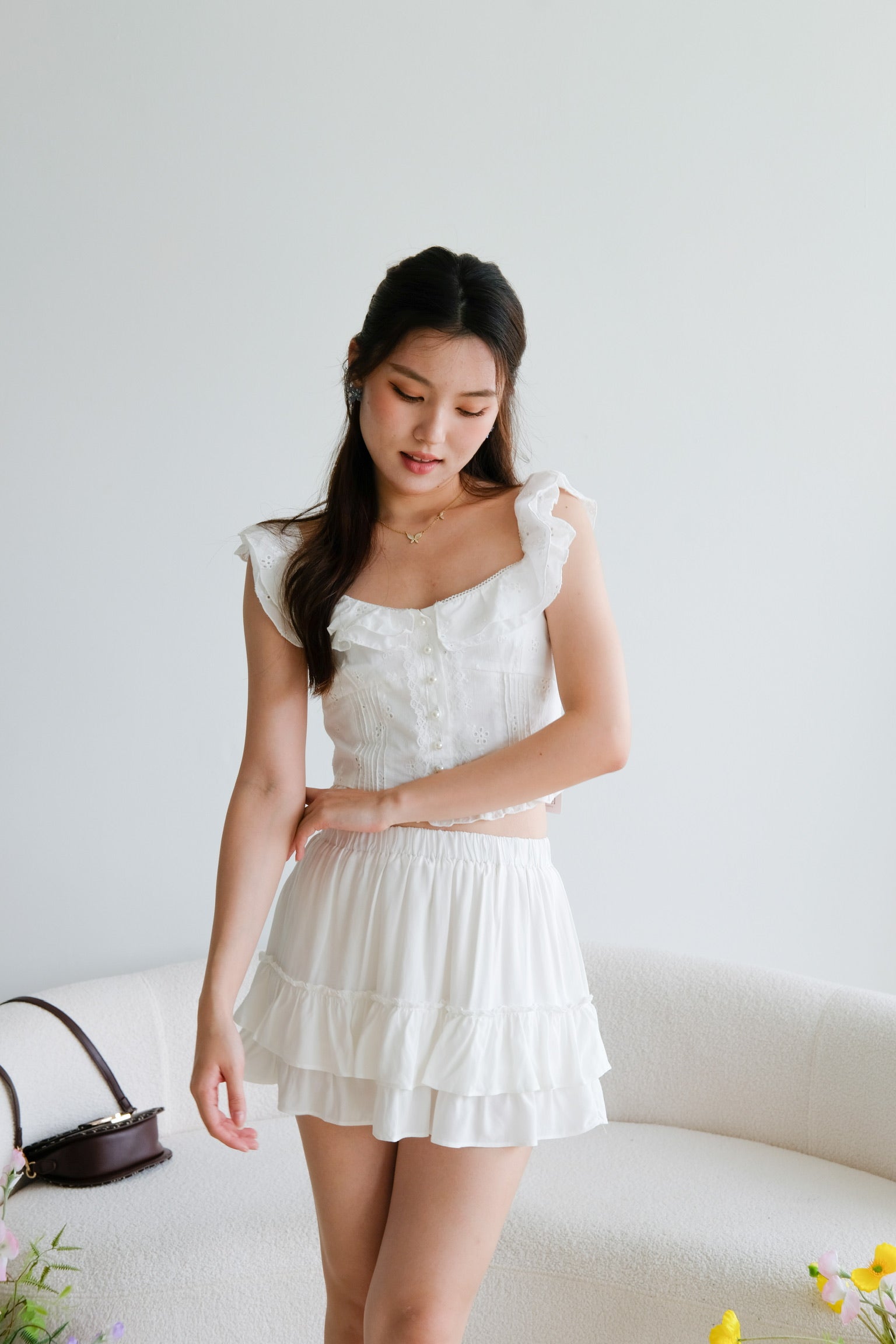 Ester Crochet Eyelet Ruffle Crop (White)