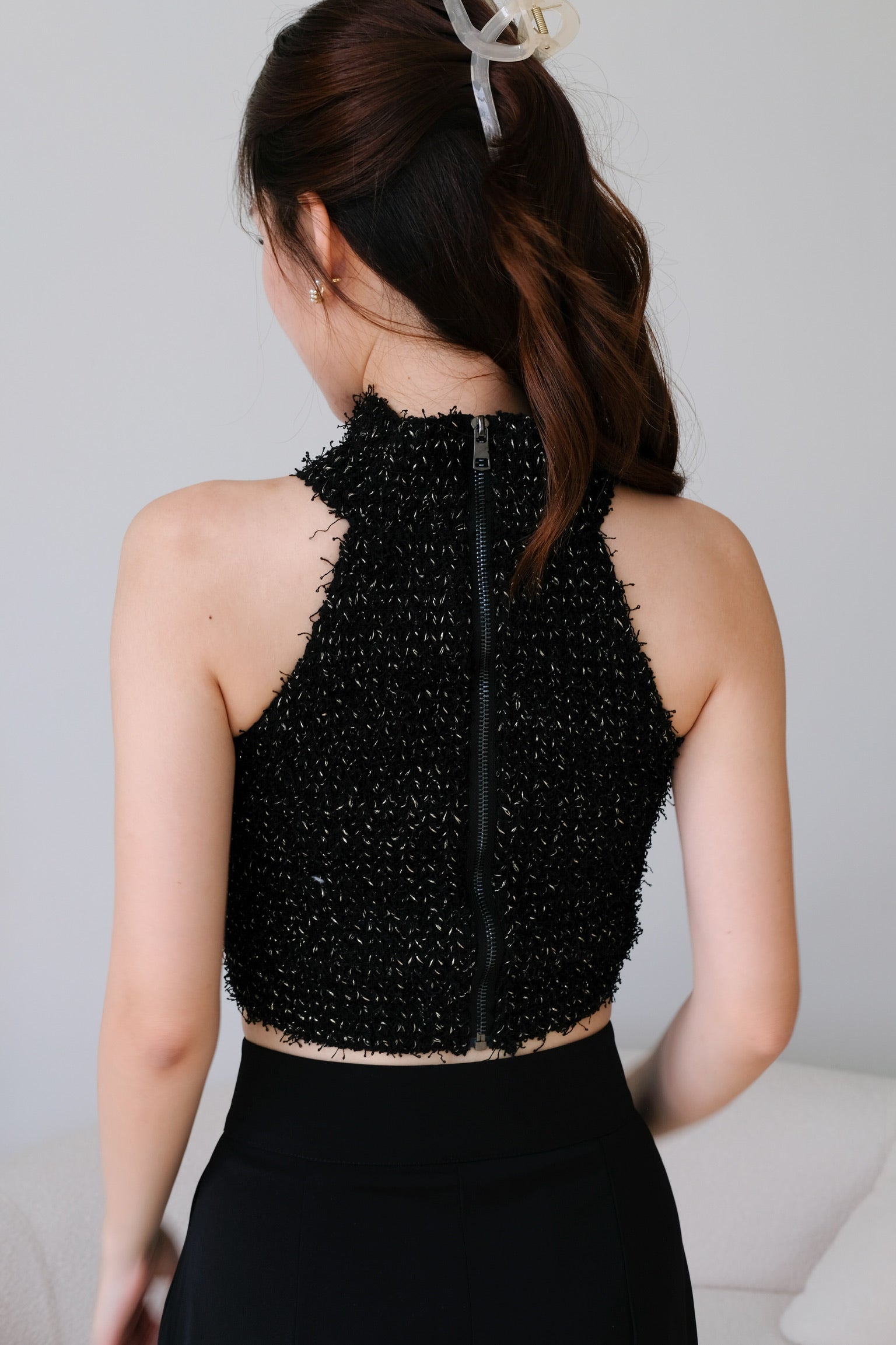 Hana Halter Tweed Crop (Black)