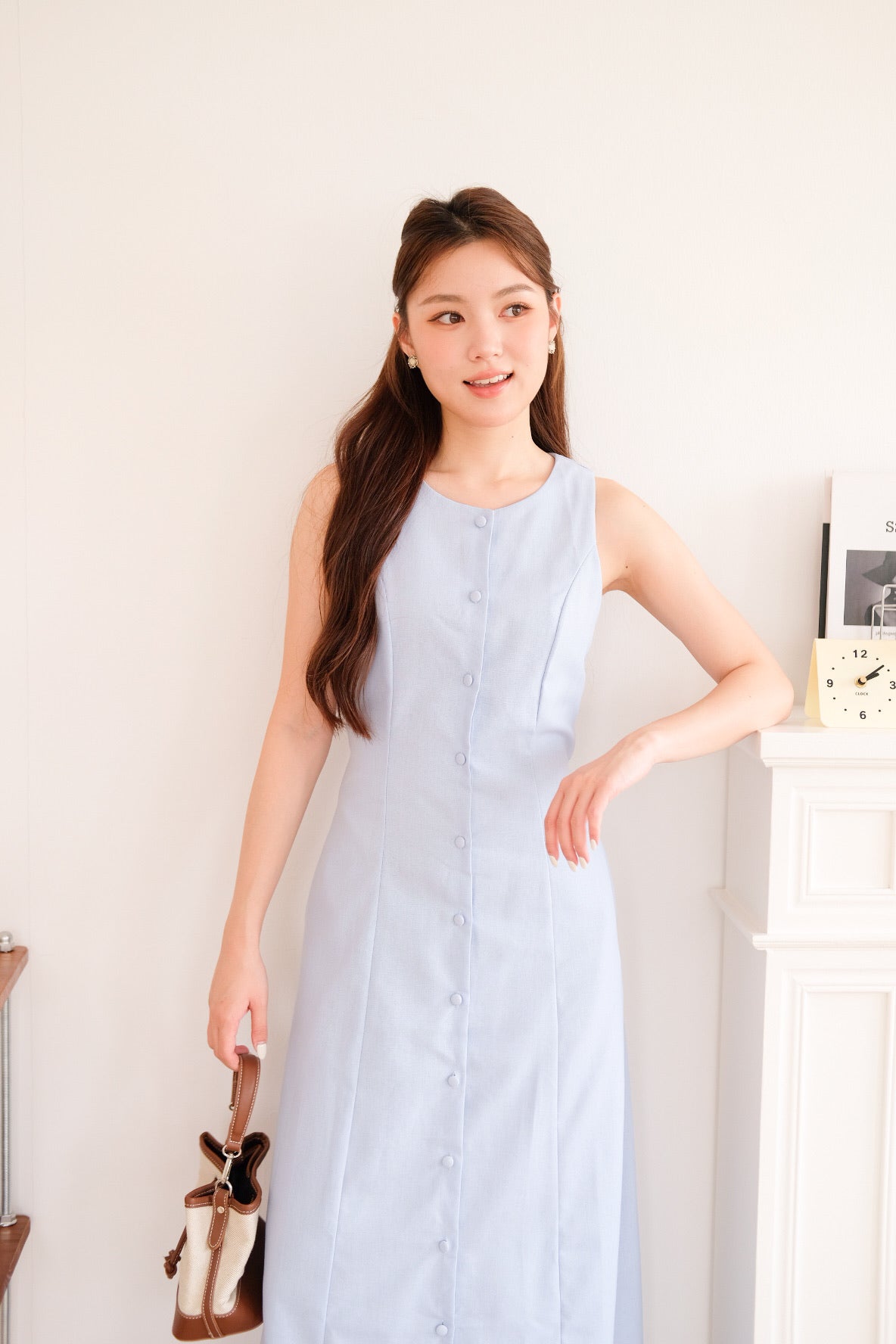 Arlette Button Linen Maxi Dress (Sky Blue) [ ETA 13 Oct ]