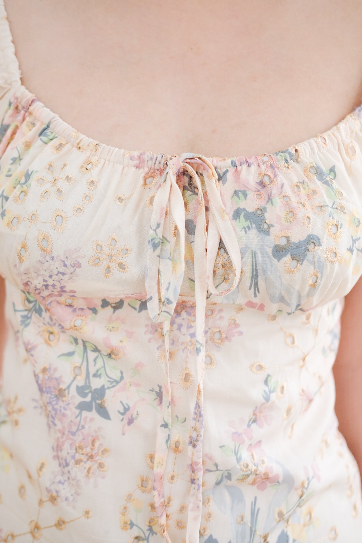 Beige Floral Ribbon Organza Midi Dress