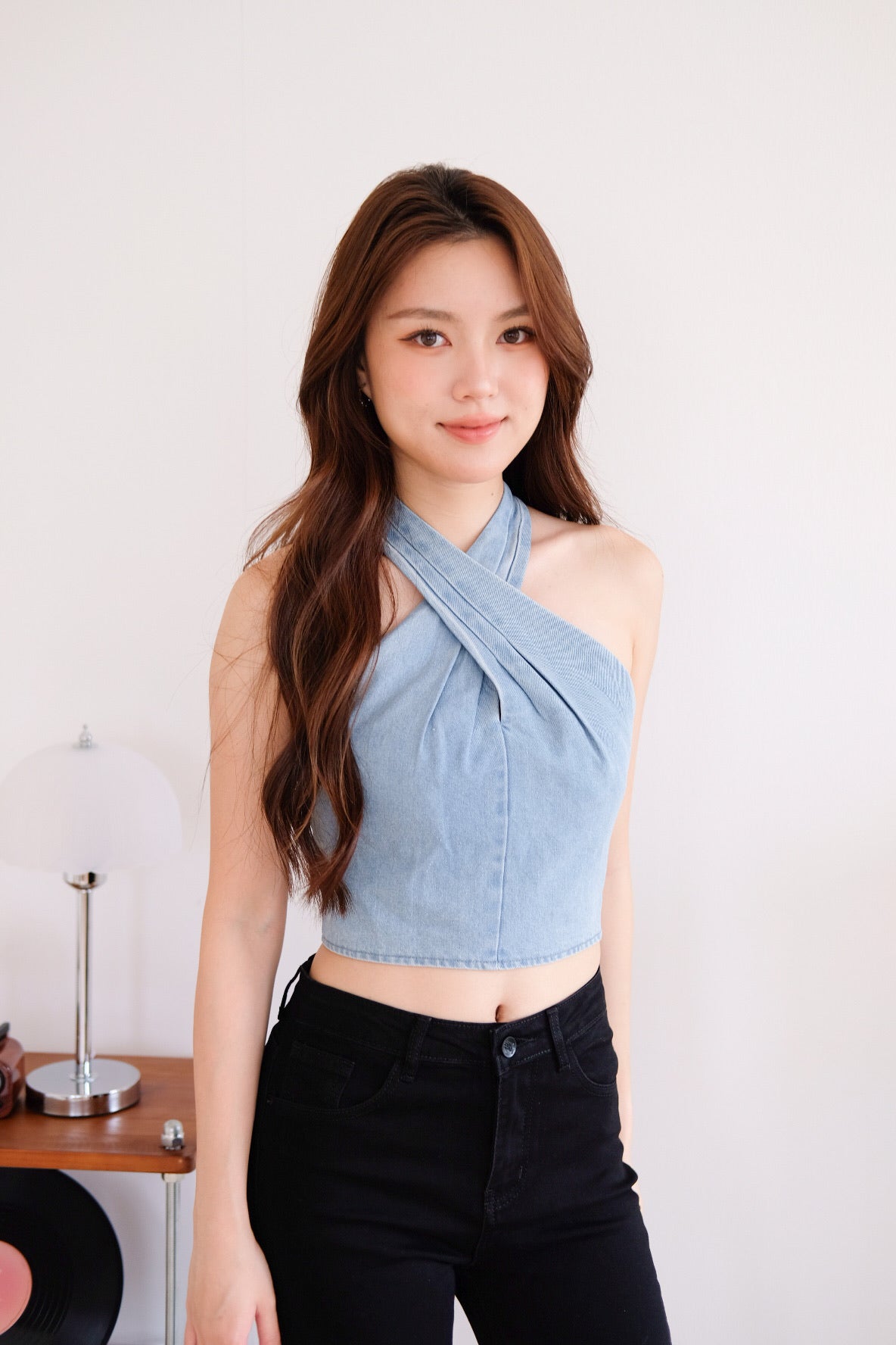 Veda Padded Halter Denim Crop Top (Light Denim) [ ETA 16 Oct ]