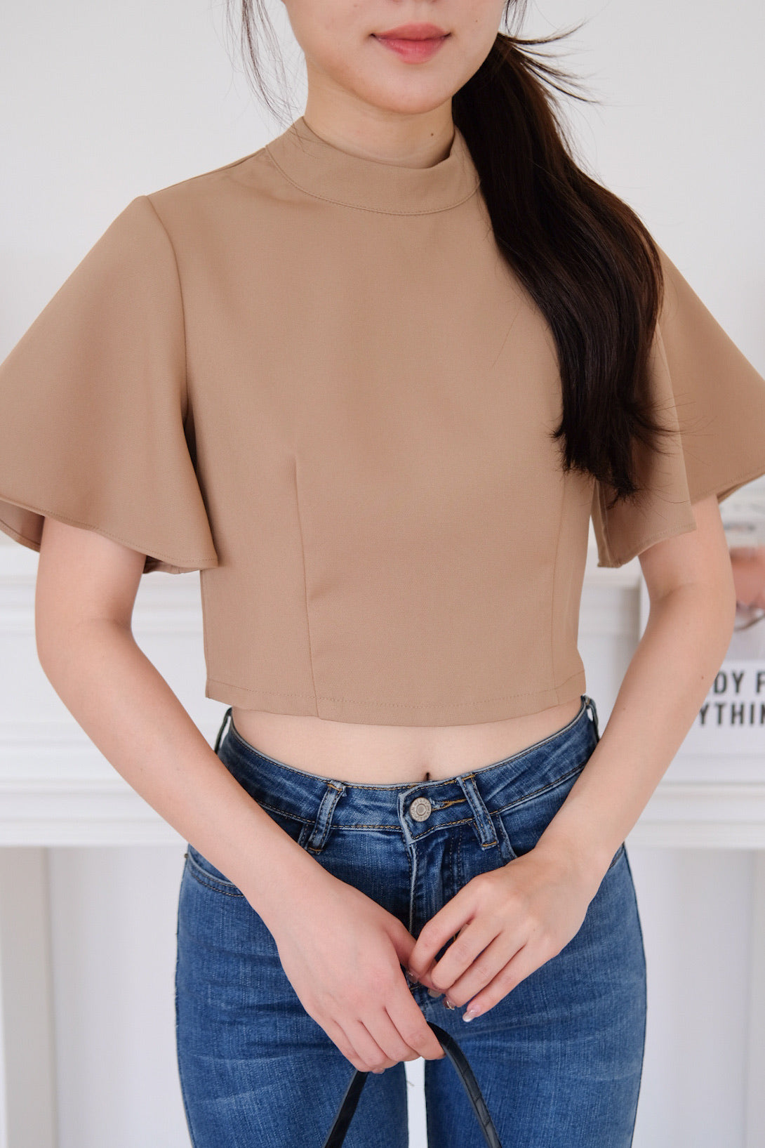 Veena Flutter Sleeves High Neck Top (Khaki)