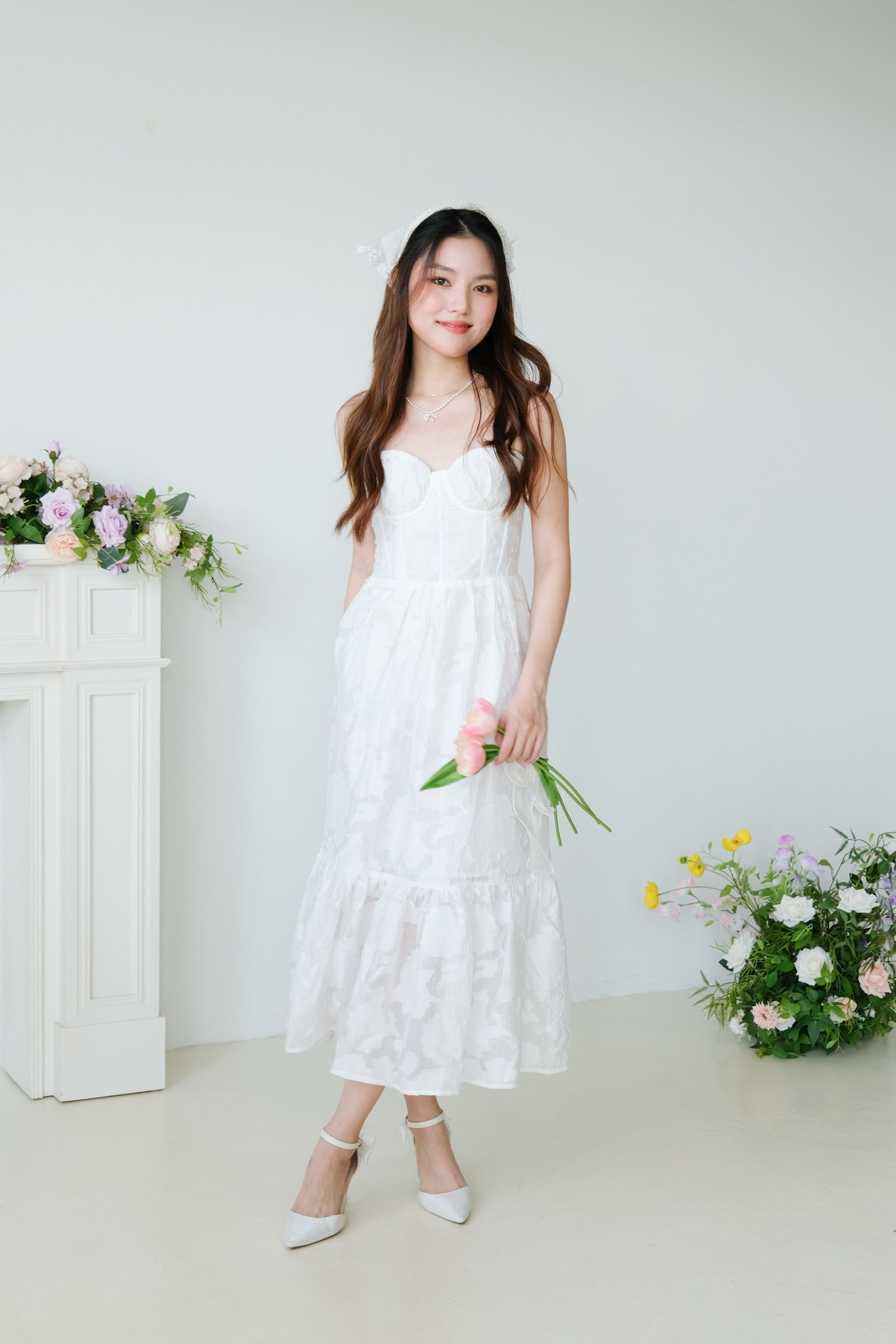 Natalia Floral Organza Midaxi Dress (White)