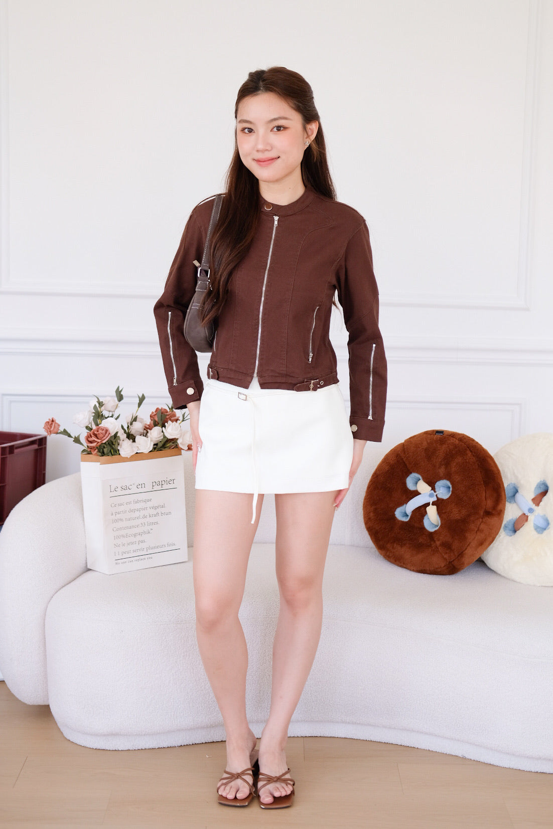 Maren Zip Cropped Denim Jacket (Mocha)