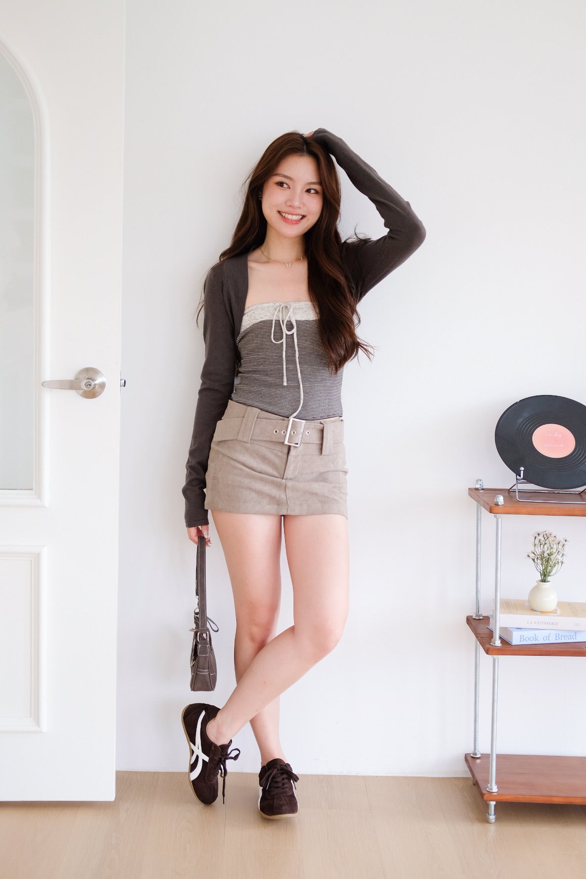 Caitlin Tube Stripes 2 in 1 Cardigan Set (Coffee Brown)