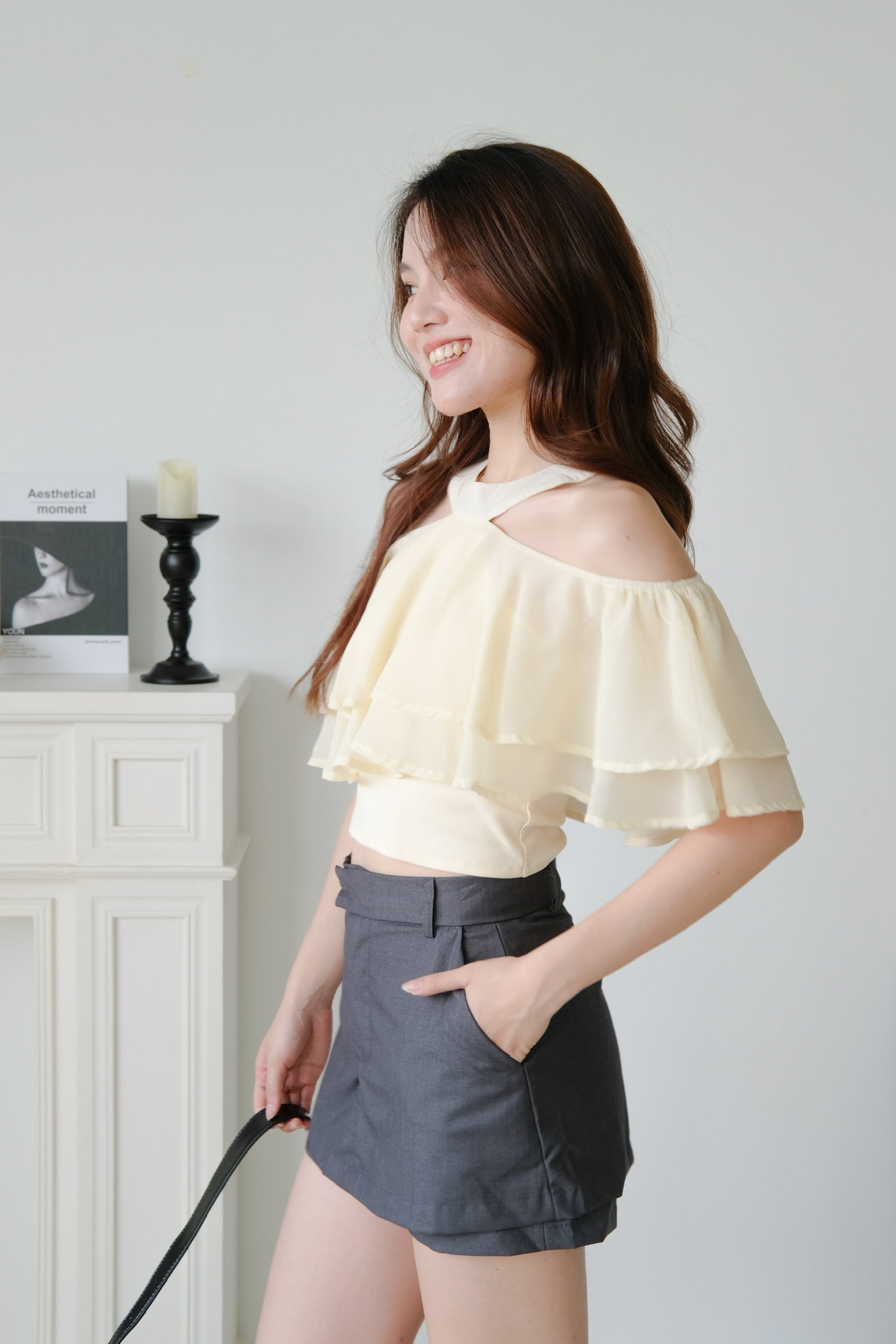 Estelle Halter Ruffle Tiered Crop (Milky Yellow)