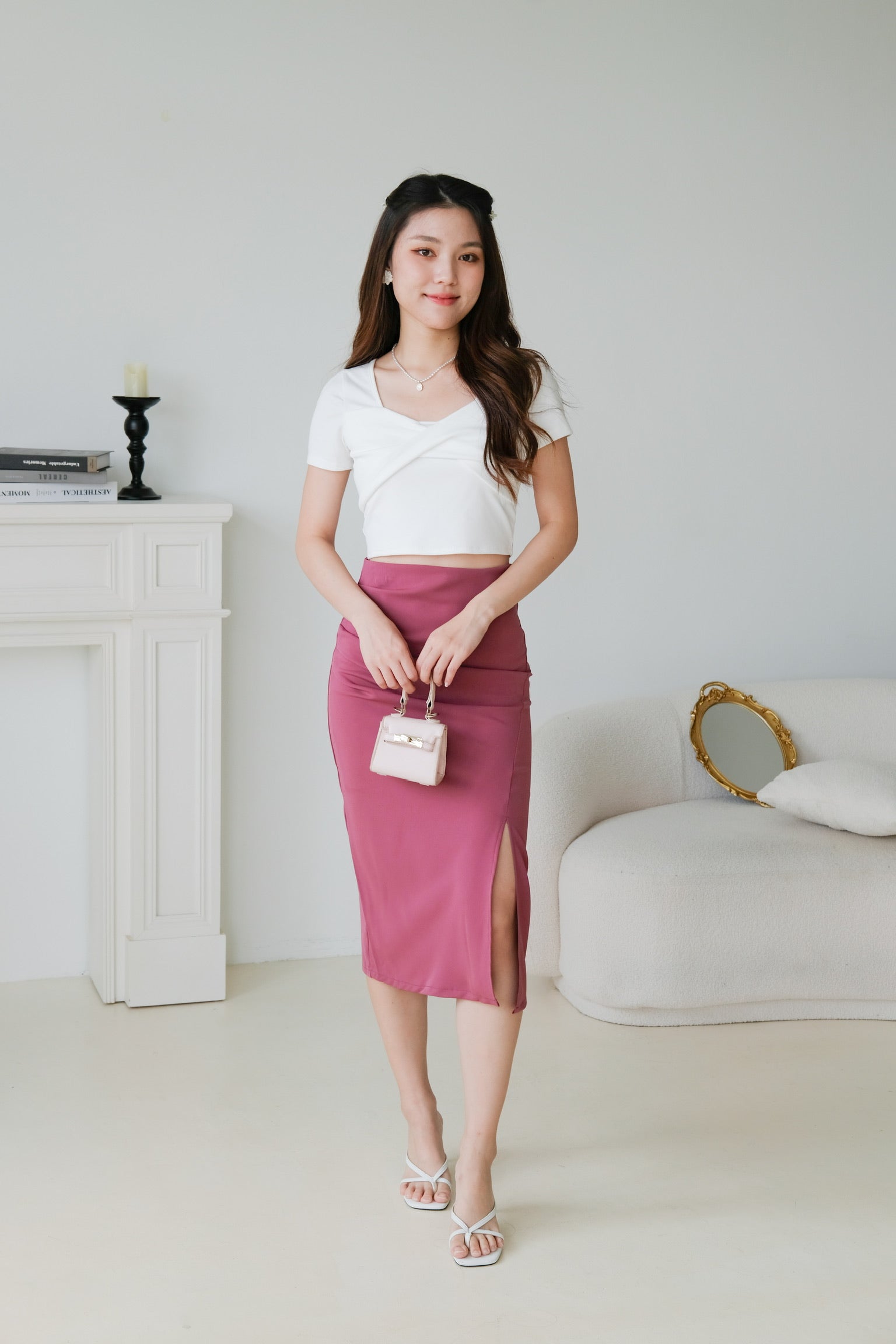 Adaline Ruched Side Slit Midi Skirt (Rouge Pink)