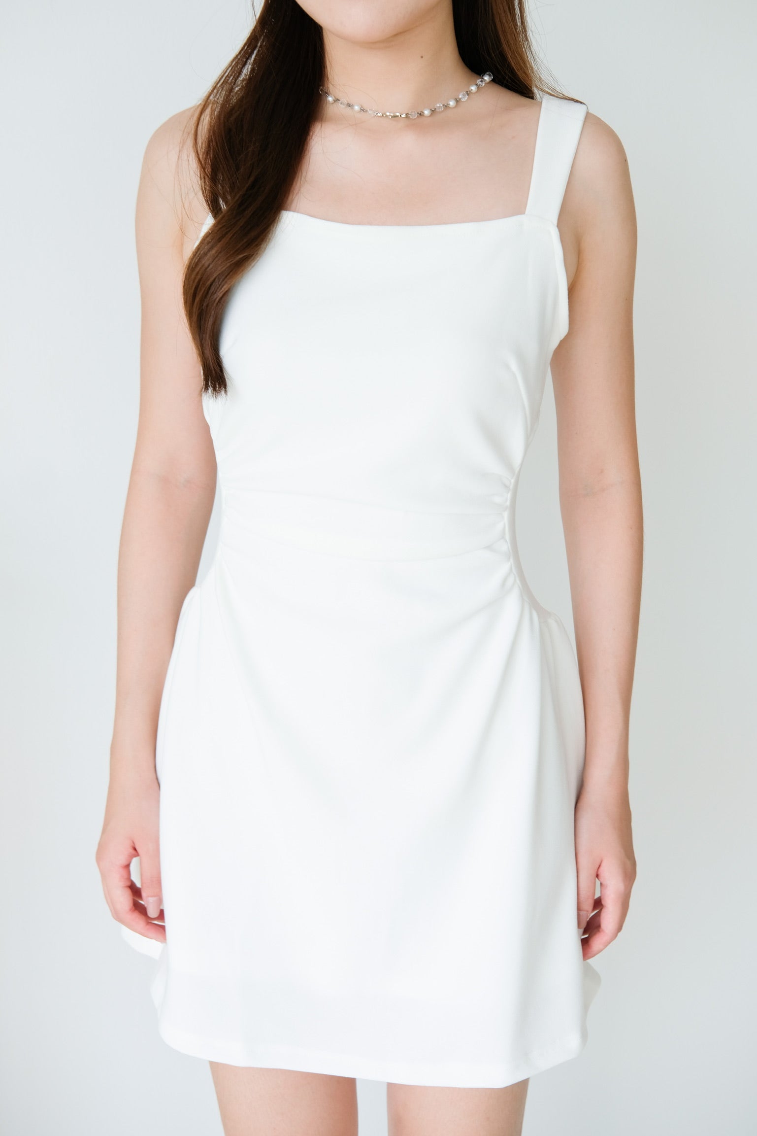 Tavia Ruched Mini Dress (White)