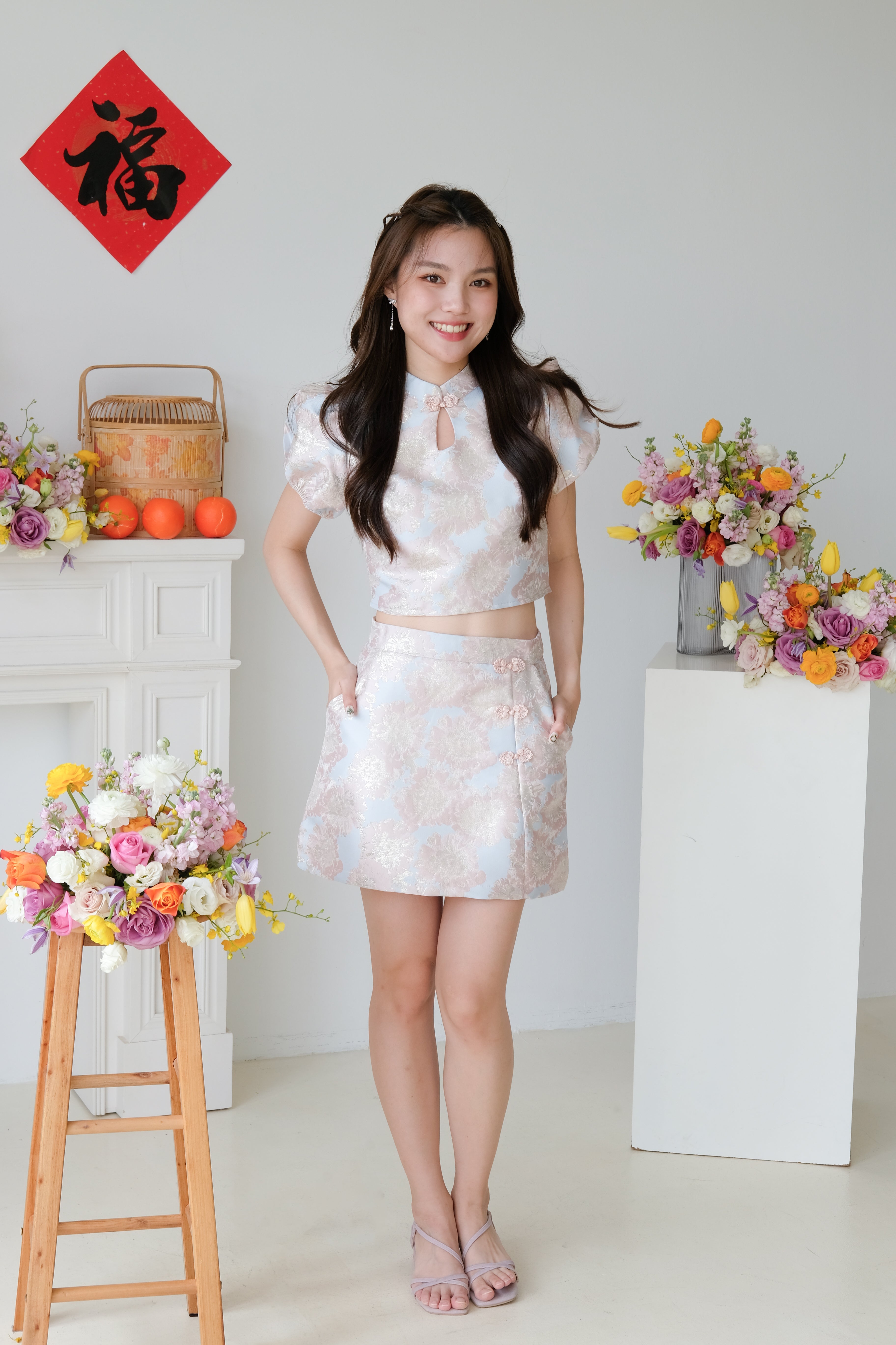 Spring Modern Cheongsam Set (Pinkish Blue)