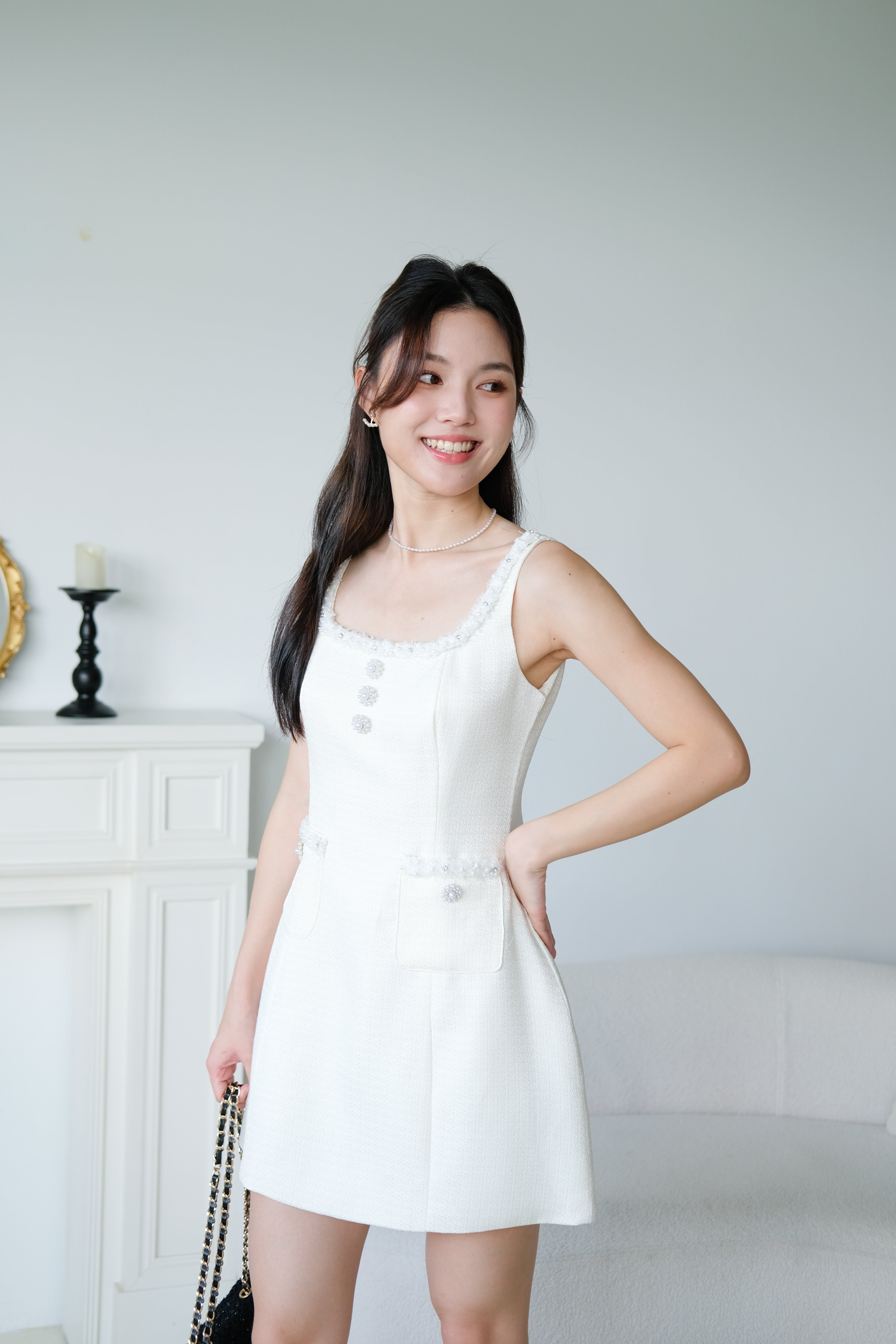 Lenora Tweed Vintage Dress (Cream)