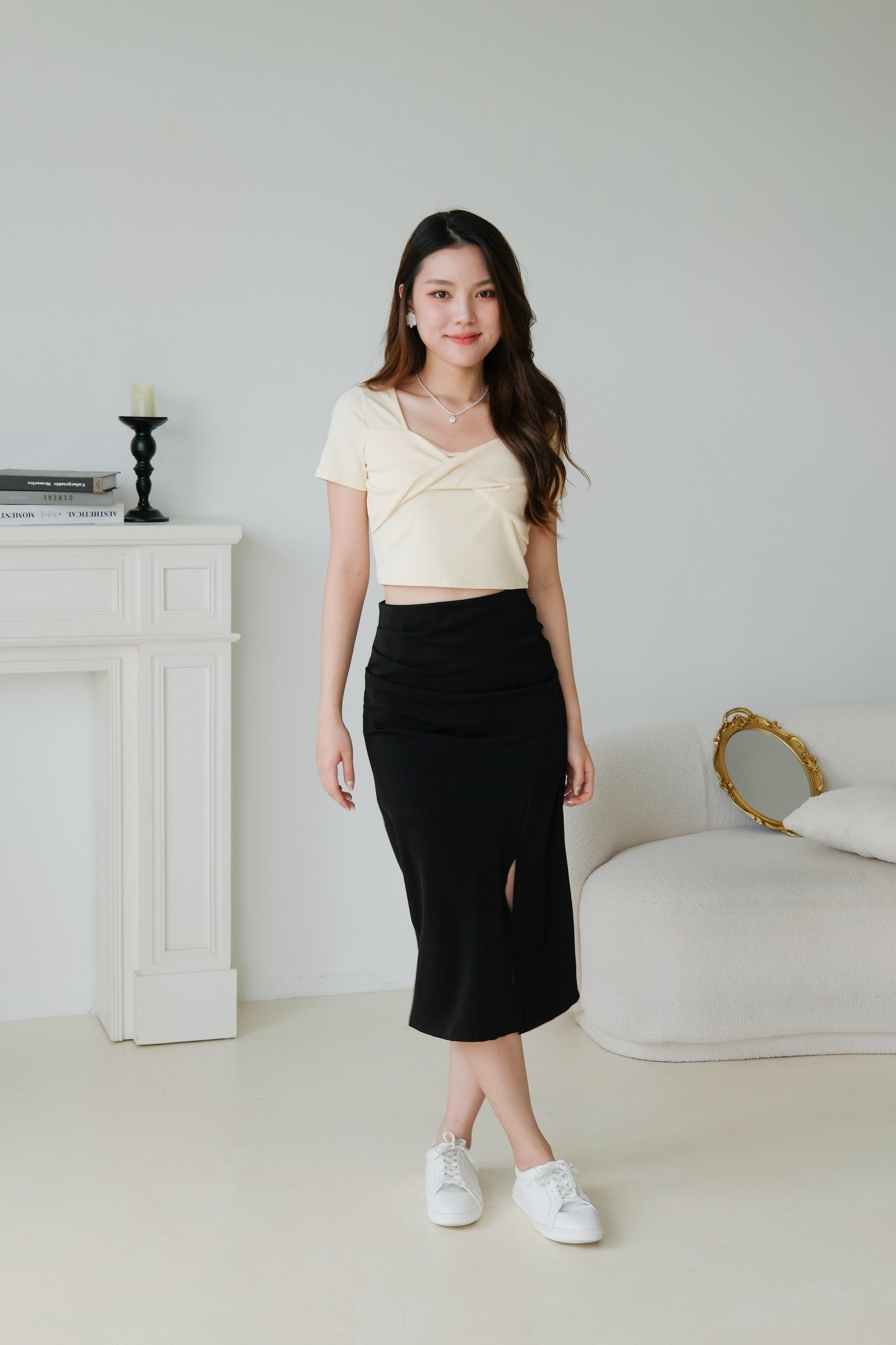 Adaline Ruched Side Slit Midi Skirt (Black)