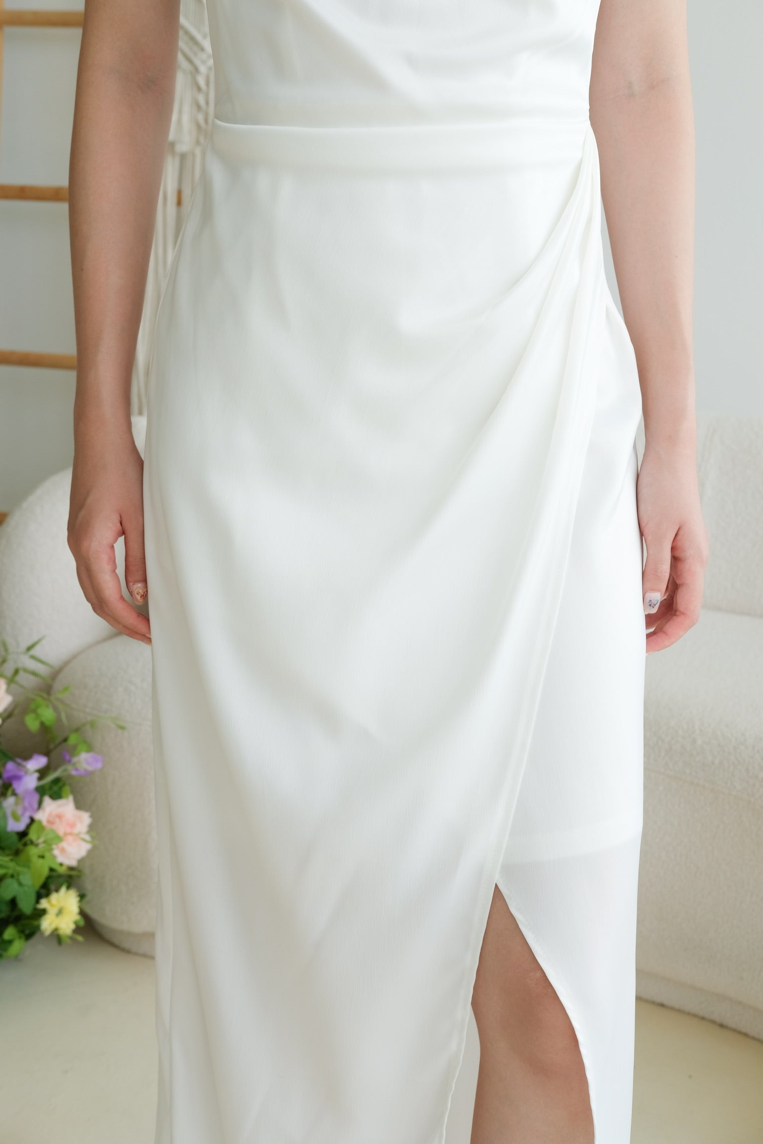 Sheryl Draped Satin Maxi Dress (Pearl White)