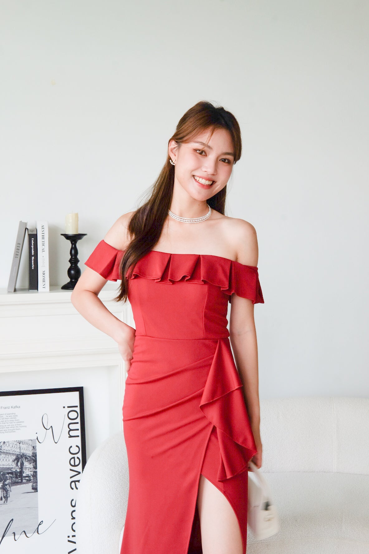 Dione Off Shoulder Slit Dinner Maxi Dress (Wine)