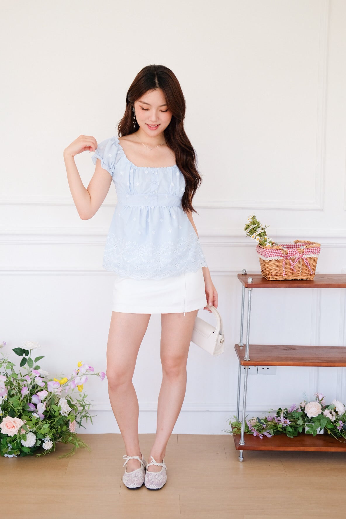 Kylin Eyelet Ruched Peplum Top (Baby Blue)