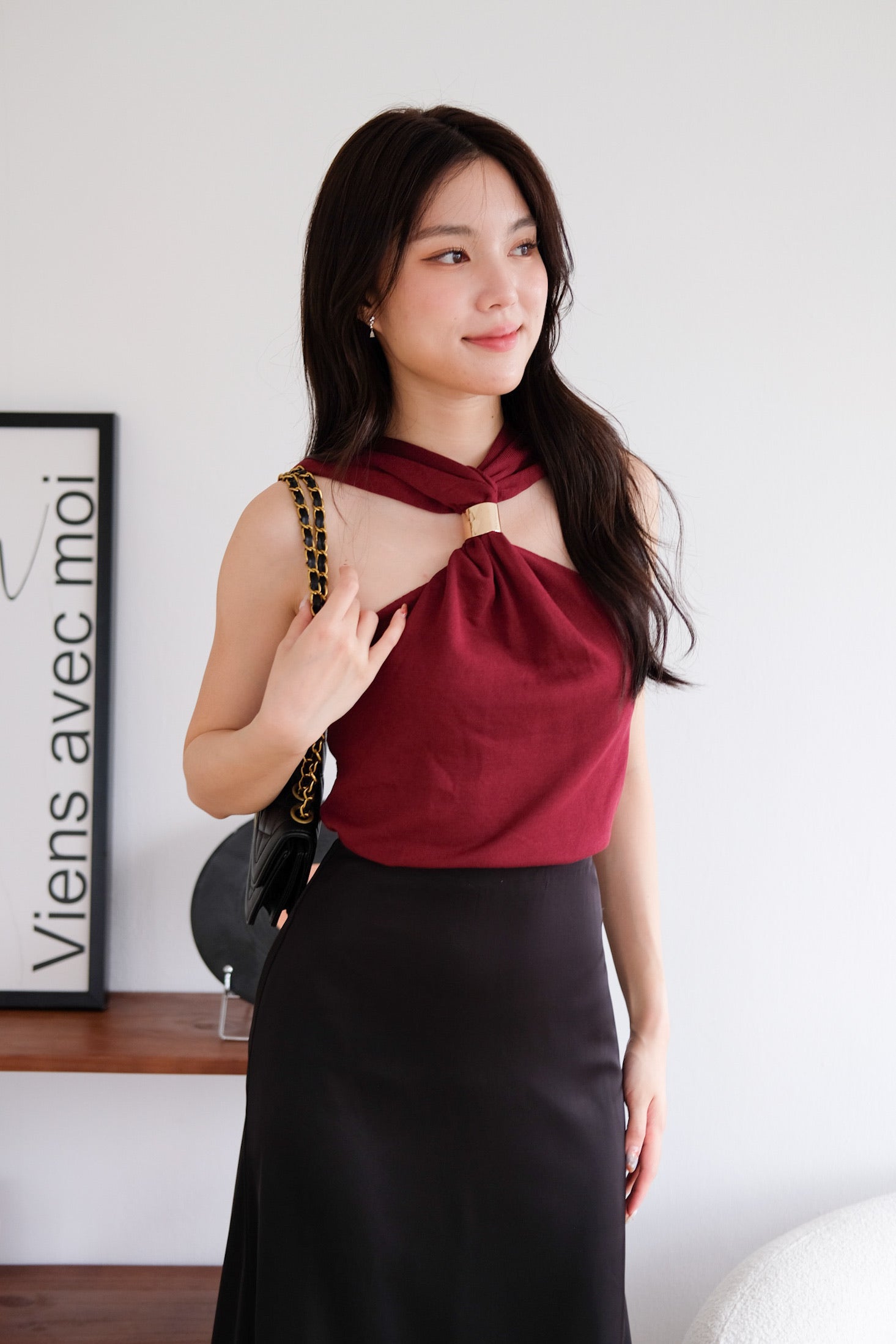 Suezette Halter Gold Ornament Knit Top (Maroon)