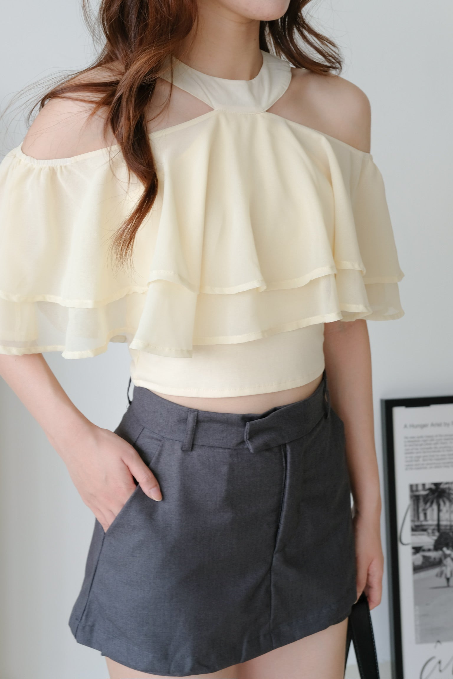 Estelle Halter Ruffle Tiered Crop (Milky Yellow)