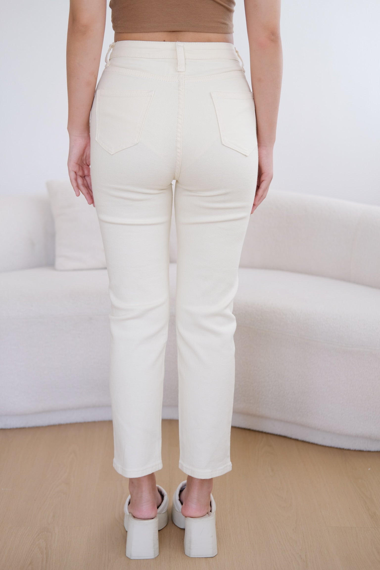 Cream High-Waisted Denim Pants