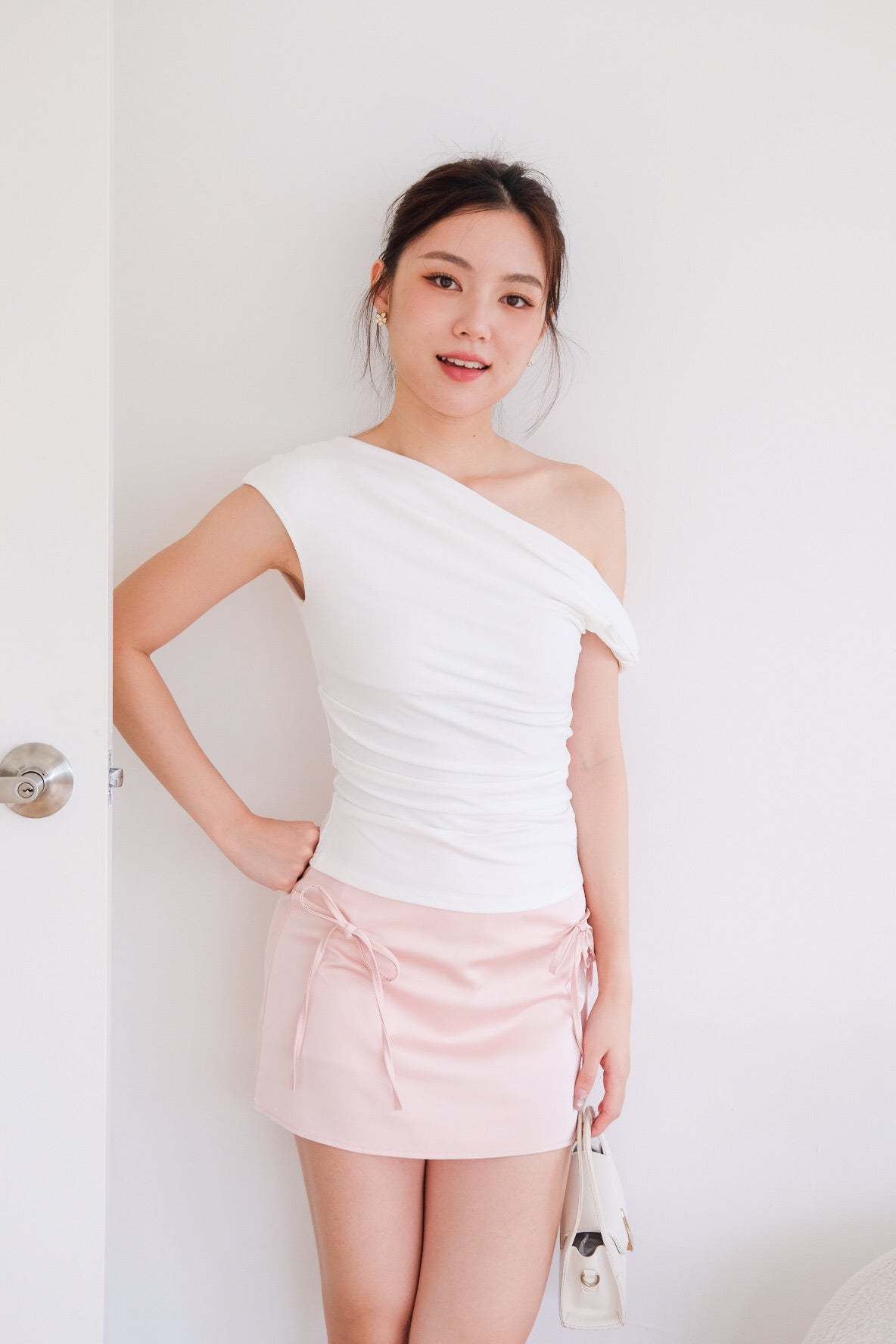 Deborah One Shoulder Ruched Top (White)