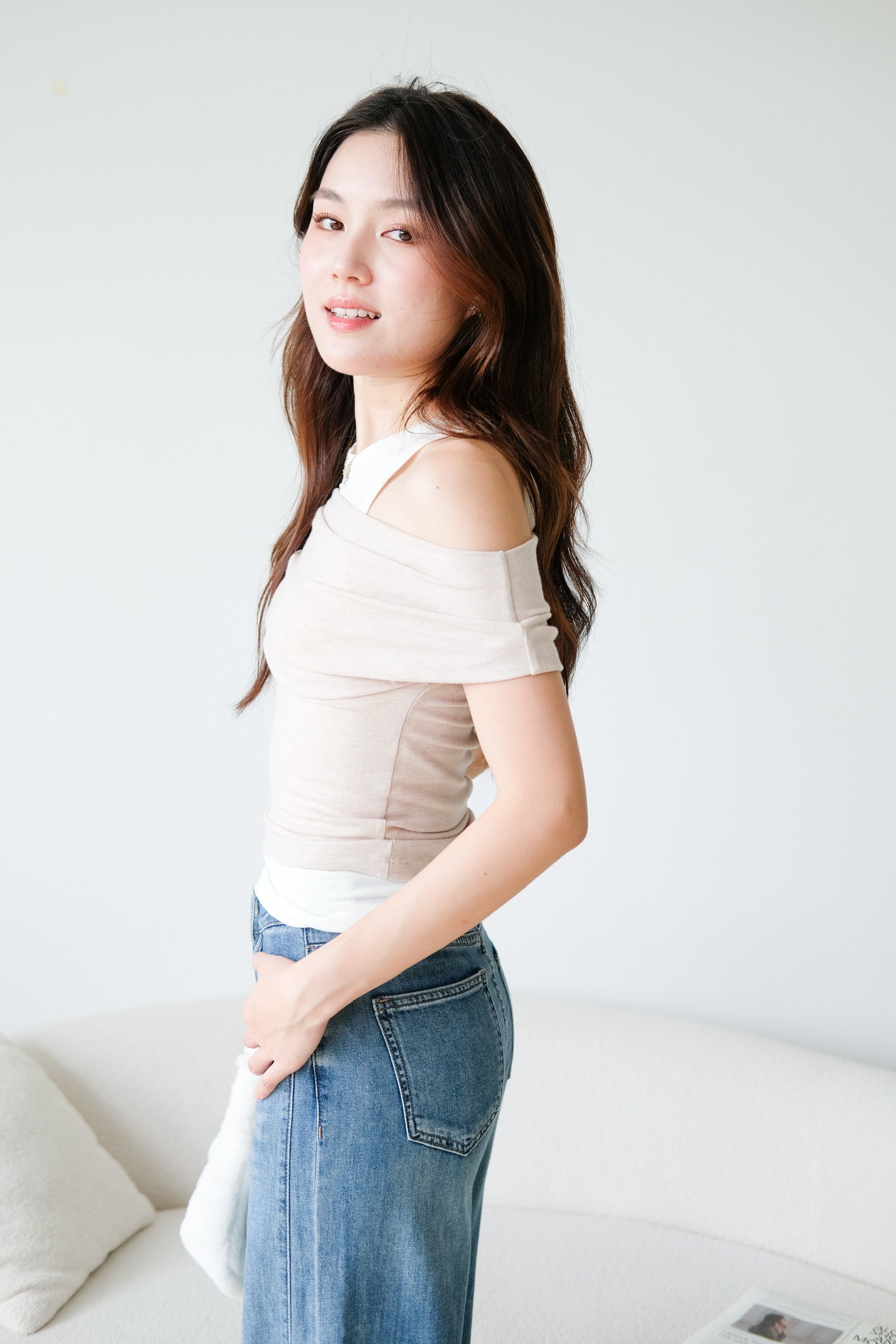 Mila Cold Shoulder Cotton Tank Top (Oat Beige)