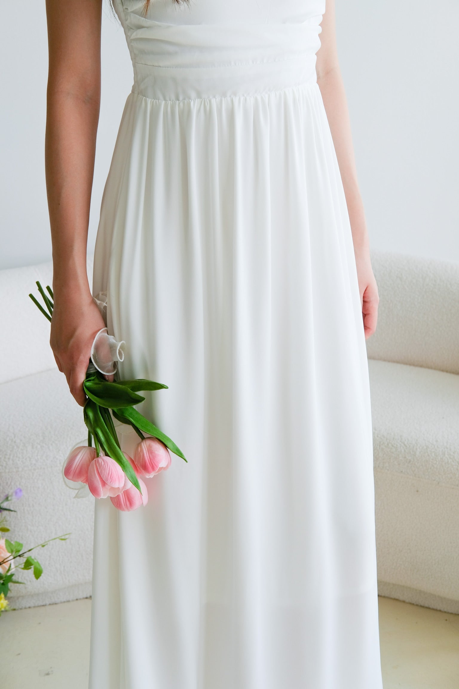 Helen Ruched Flare Maxi Dress (White)