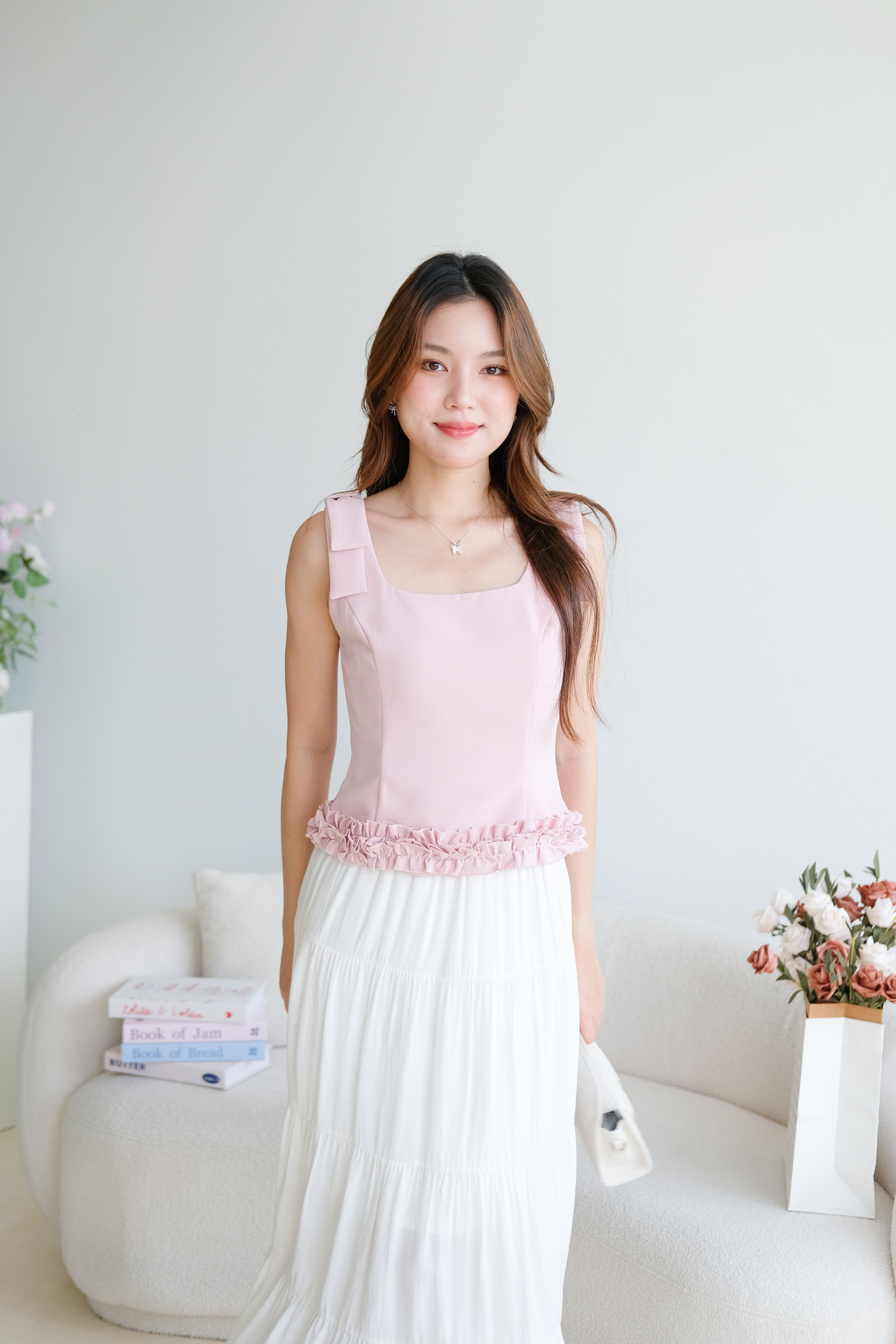 Cecilia Bow Straps Ruffle Top (Dusty Pink)